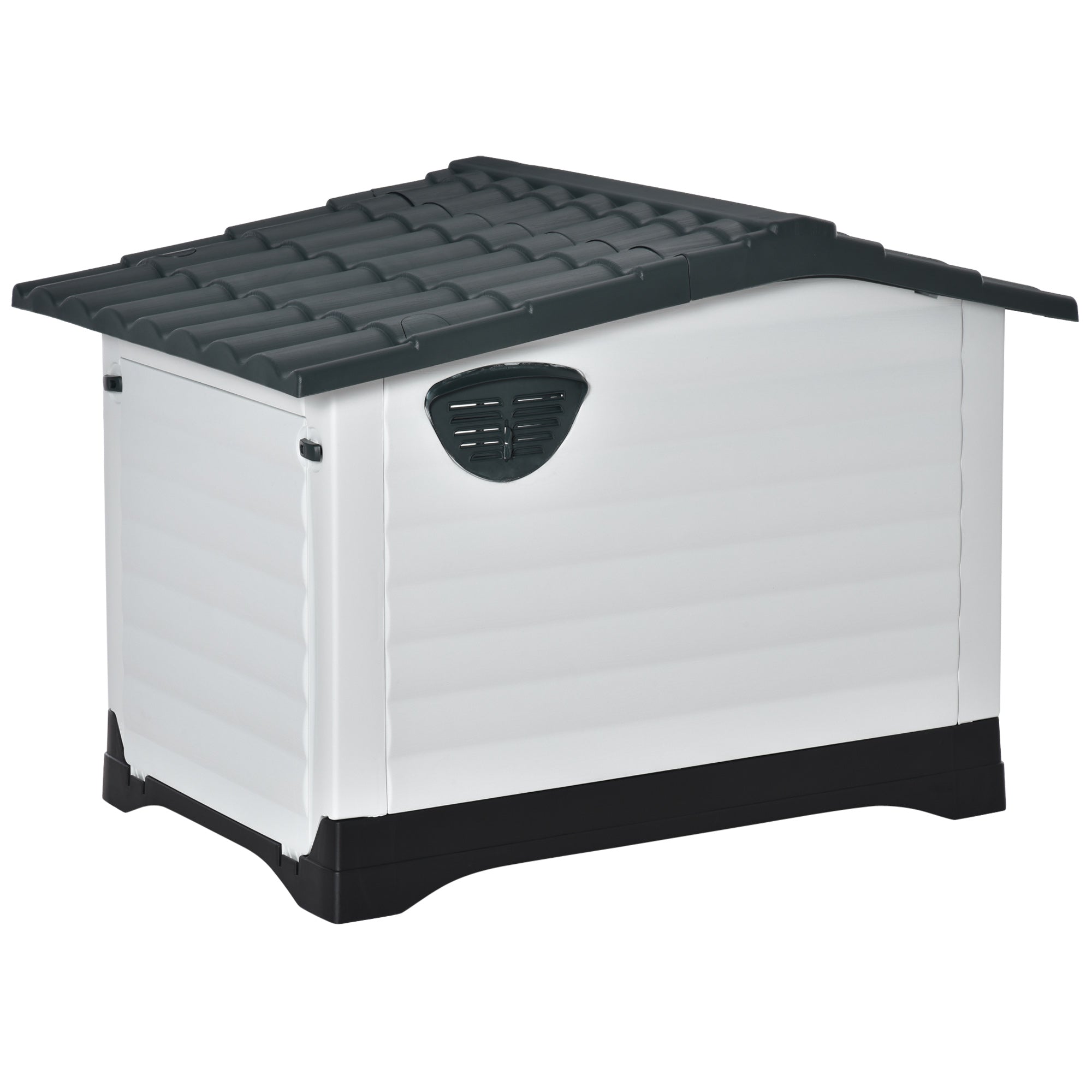 PawHut Plastic Dog House Puppy Kennel Pet Shelter with Raised Base Window Door for Large Medium Dogs Indoor & Outdoor 44"L x 33"W x 31.5"H Grey, White