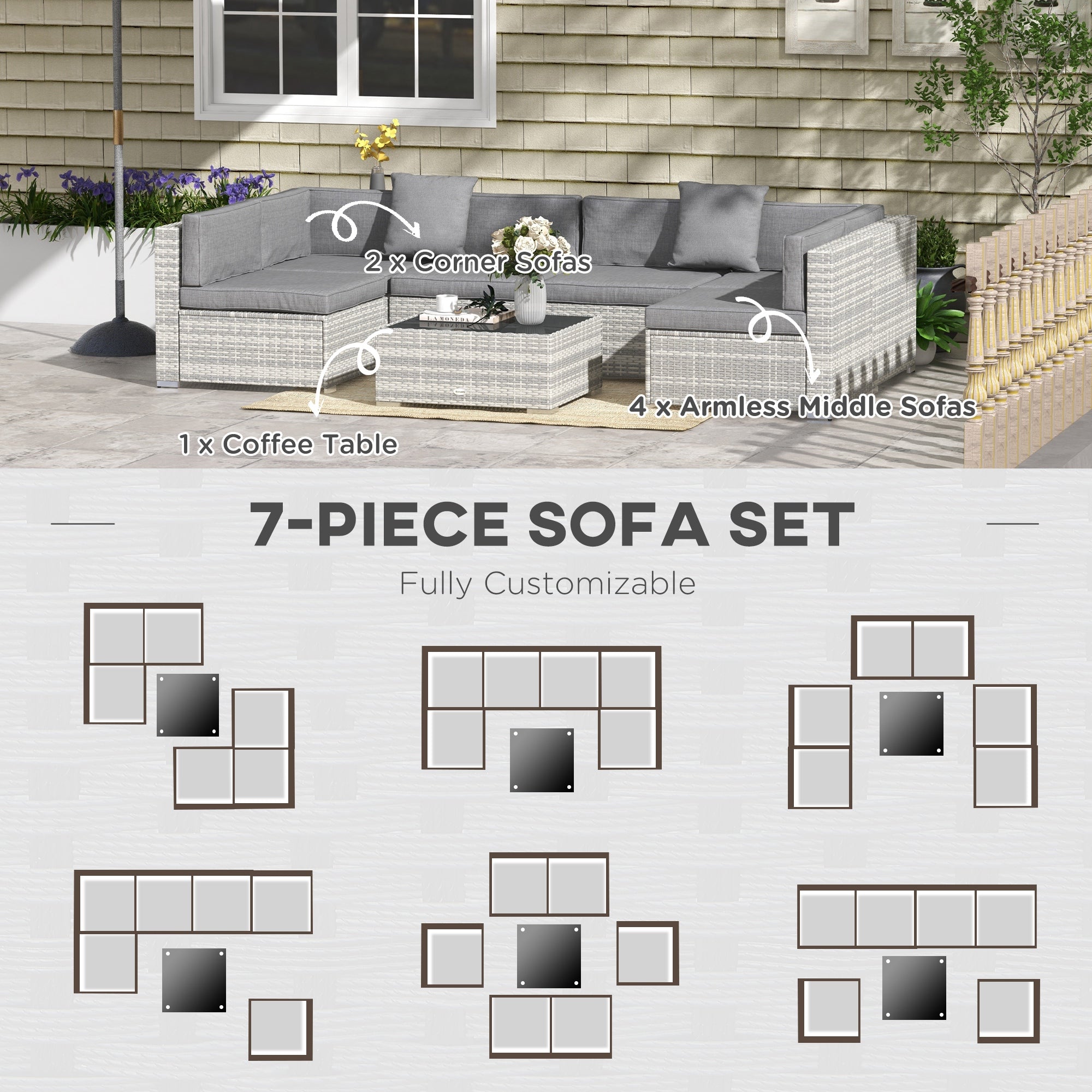 Outsunny 7 Piece Patio Furniture Set, PE Rattan Outdoor Conversation Set with Sectional Sofa, Glass Tabletop, Cushions and Pillows for Garden, Lawn, Deck, Grey