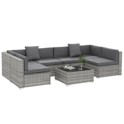 Outsunny 7 Piece Patio Furniture Set, PE Rattan Outdoor Conversation Set with Sectional Sofa, Glass Tabletop, Cushions and Pillows for Garden, Lawn, Deck, Grey