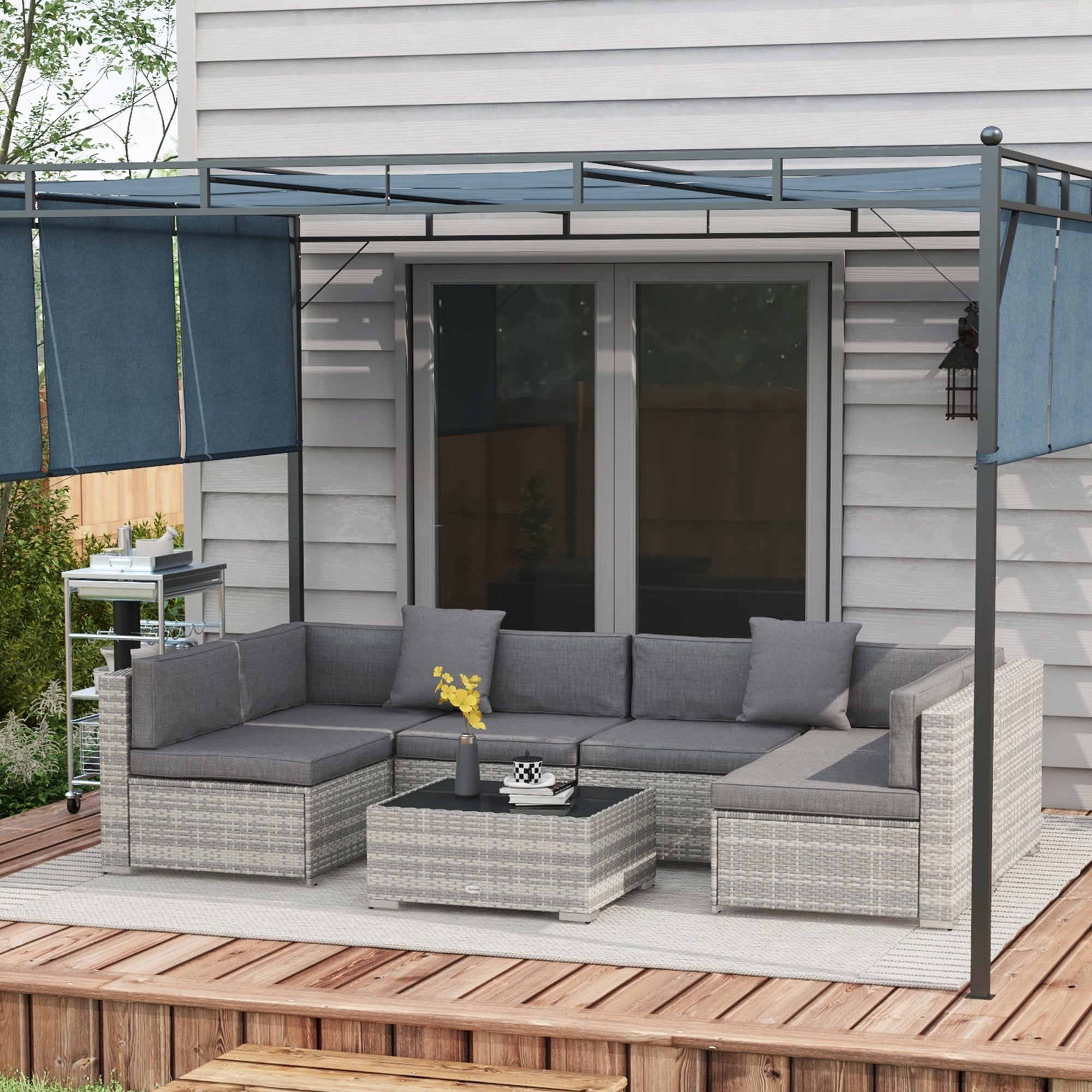 Outsunny 7 Piece Patio Furniture Set, PE Rattan Outdoor Conversation Set with Sectional Sofa, Glass Tabletop, Cushions and Pillows for Garden, Lawn, Deck, Grey
