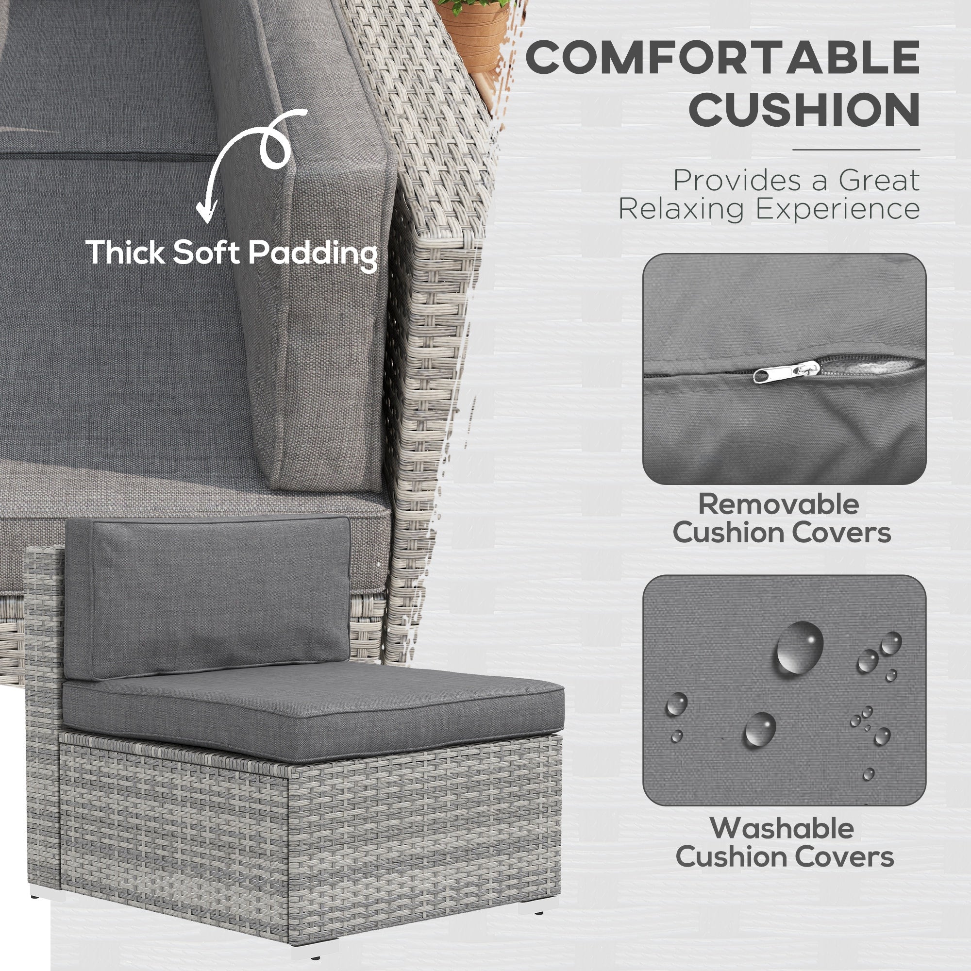 Outsunny 7 Piece Patio Furniture Set, PE Rattan Outdoor Conversation Set with Sectional Sofa, Glass Tabletop, Cushions and Pillows for Garden, Lawn, Deck, Grey