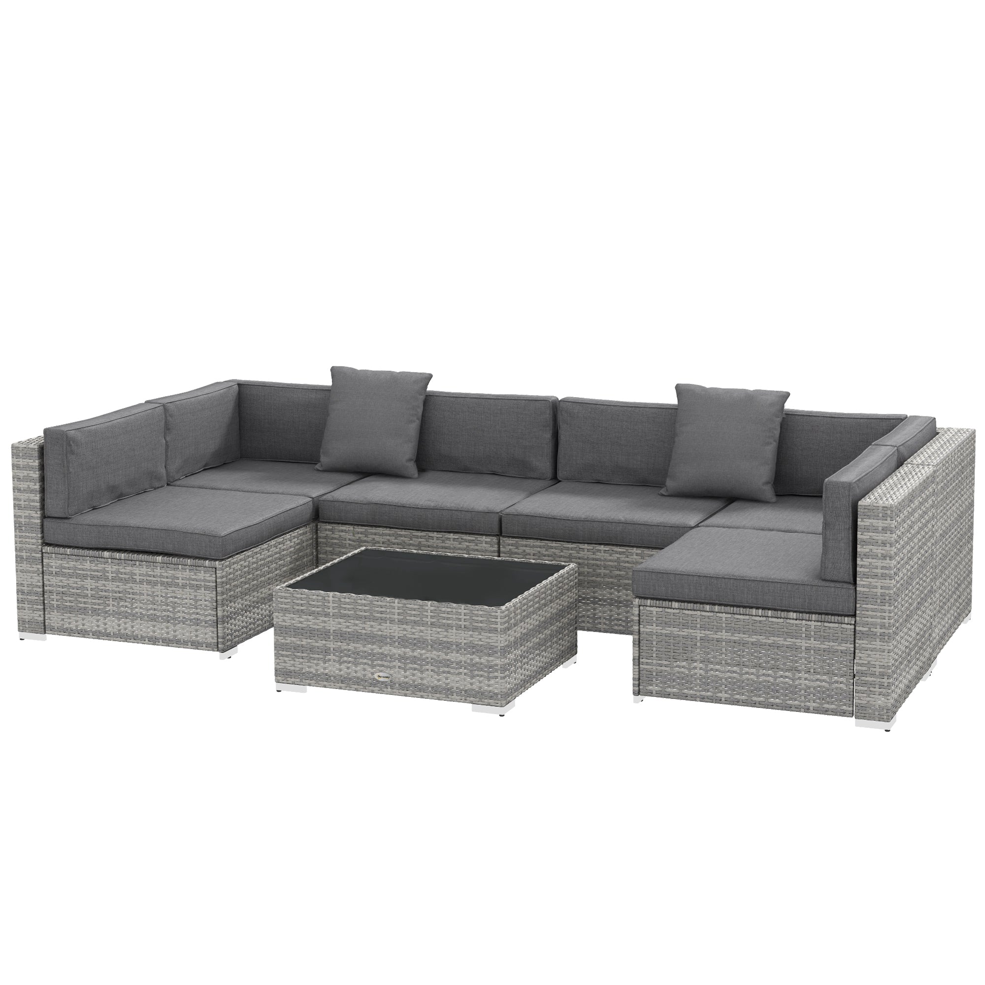 Outsunny 7 Piece Patio Furniture Set, PE Rattan Outdoor Conversation Set with Sectional Sofa, Glass Tabletop, Cushions and Pillows for Garden, Lawn, Deck, Grey
