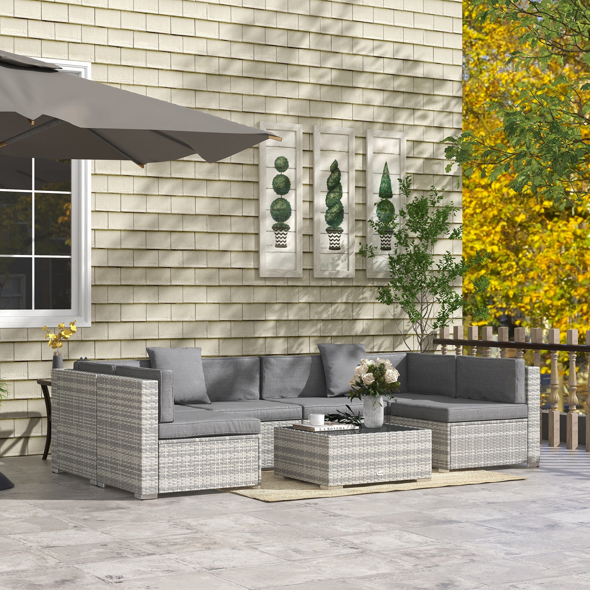 Outsunny 7 Piece Patio Furniture Set, PE Rattan Outdoor Conversation Set with Sectional Sofa, Glass Tabletop, Cushions and Pillows for Garden, Lawn, Deck, Grey