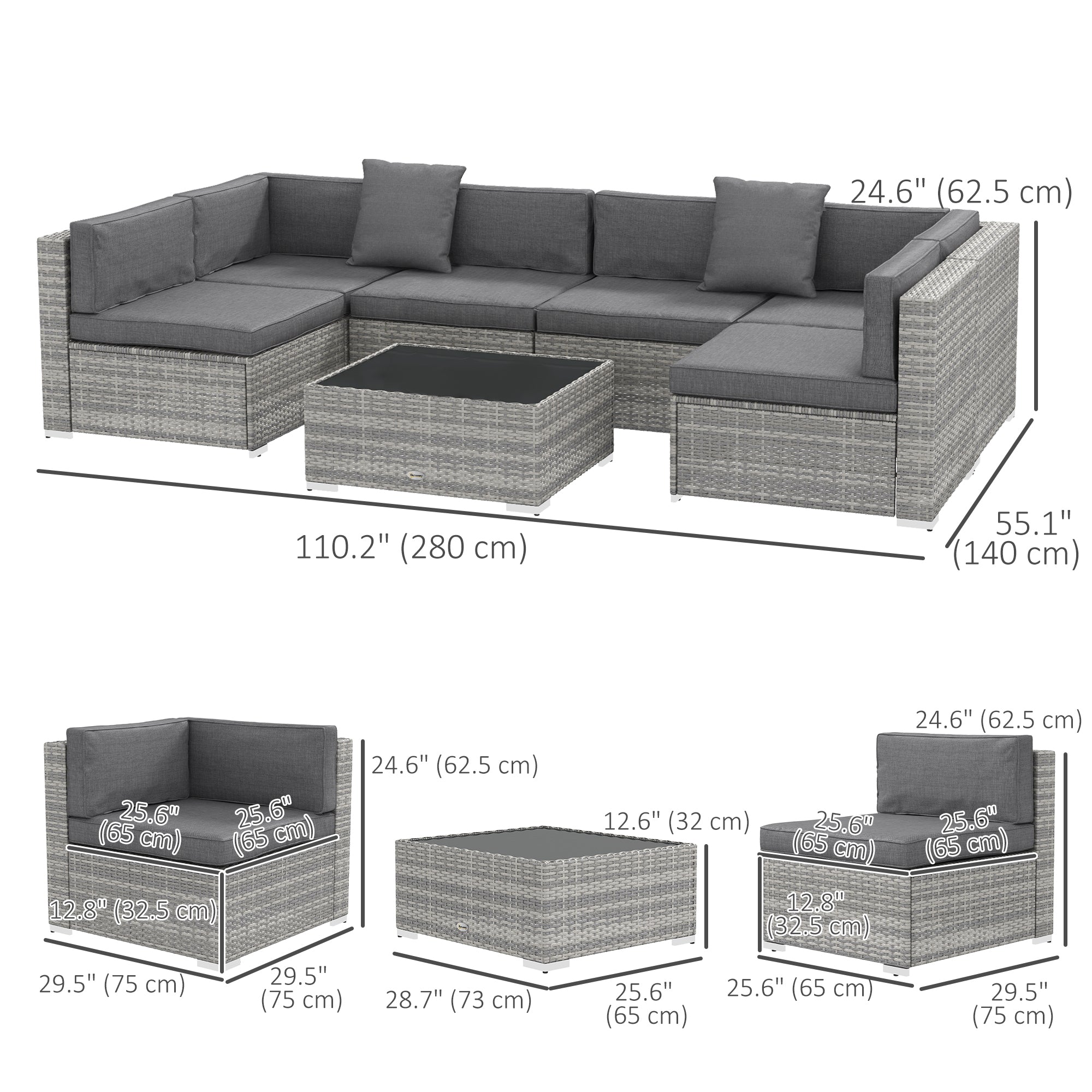 Outsunny 7 Piece Patio Furniture Set, PE Rattan Outdoor Conversation Set with Sectional Sofa, Glass Tabletop, Cushions and Pillows for Garden, Lawn, Deck, Grey