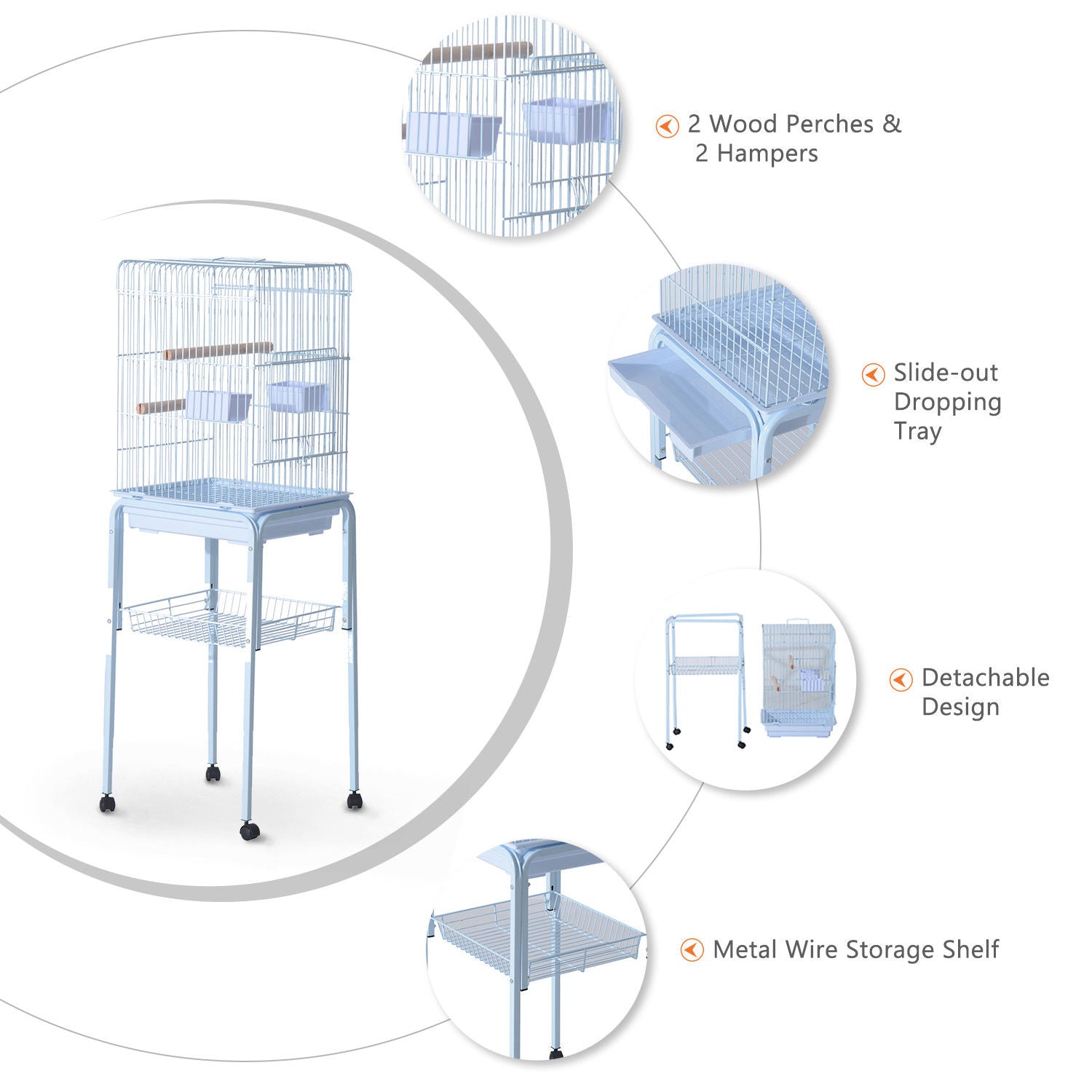 PawHut 44.5" Metal Indoor Bird Cage Starter Kit With Detachable Rolling Stand, Storage Basket, And Accessories - White