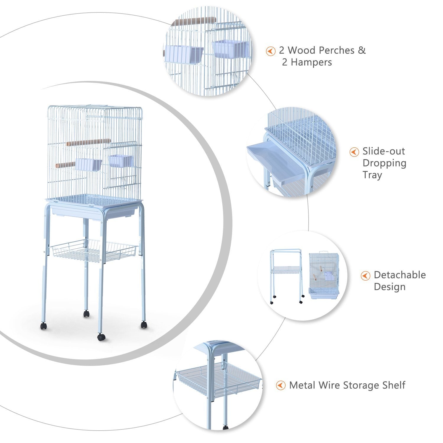 PawHut 44.5"H Metal Bird Cage Parrot Play Spot Stand w/ Wheel Storage Shelf Multi-doors Black