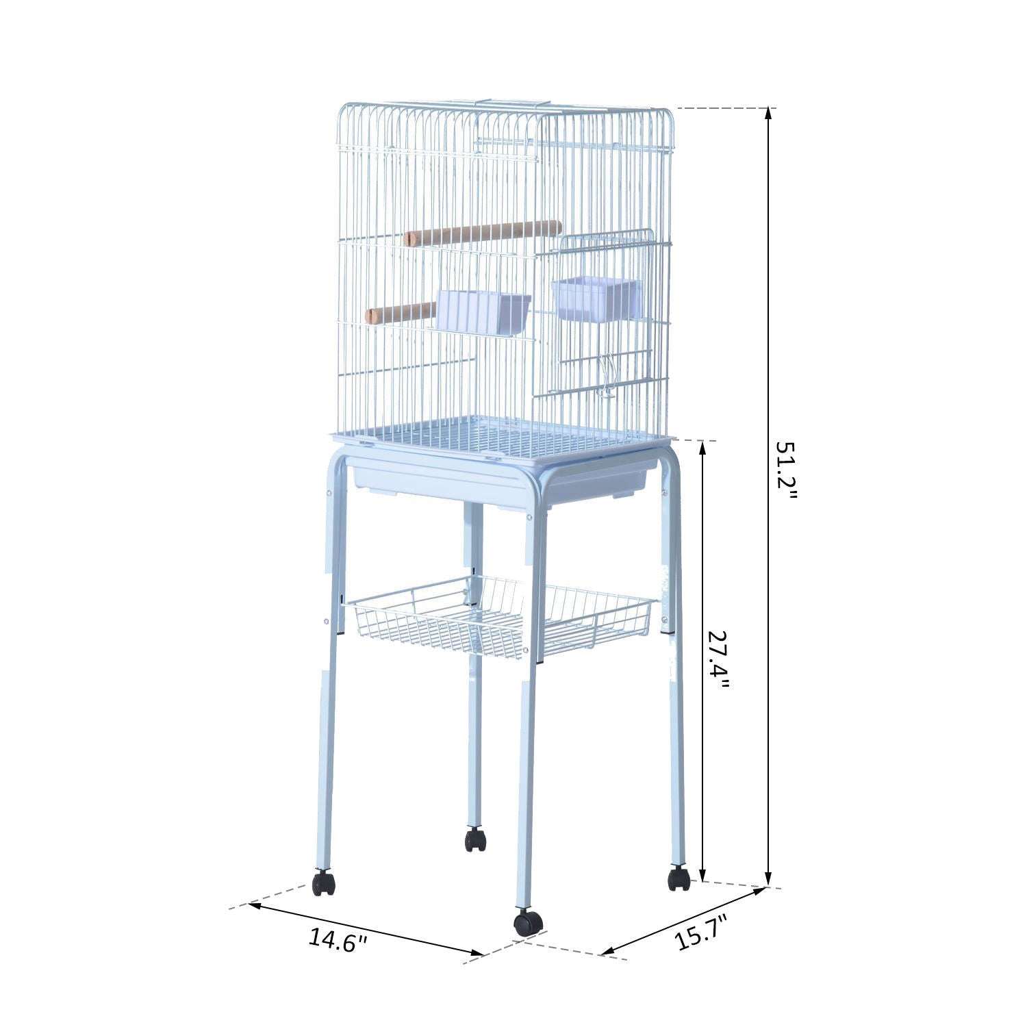 PawHut 44.5" Metal Indoor Bird Cage Starter Kit With Detachable Rolling Stand, Storage Basket, And Accessories - White