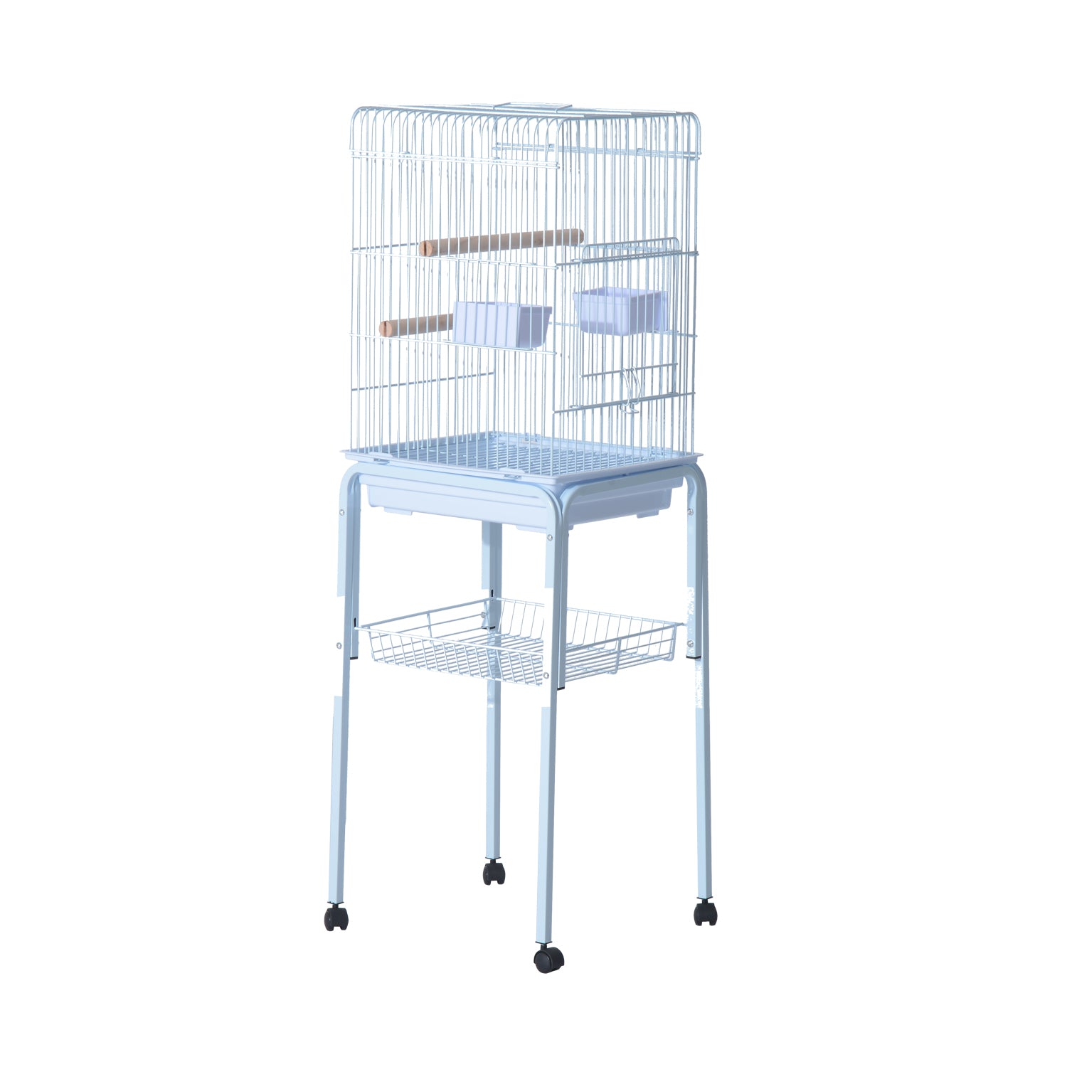 PawHut 44.5" Metal Indoor Bird Cage Starter Kit With Detachable Rolling Stand, Storage Basket, And Accessories - White
