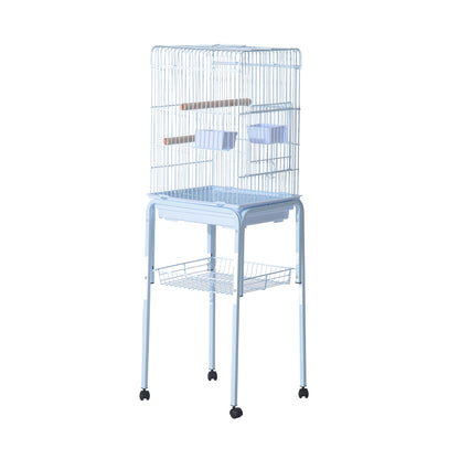 PawHut 44.5" Metal Indoor Bird Cage Starter Kit With Detachable Rolling Stand, Storage Basket, And Accessories - White
