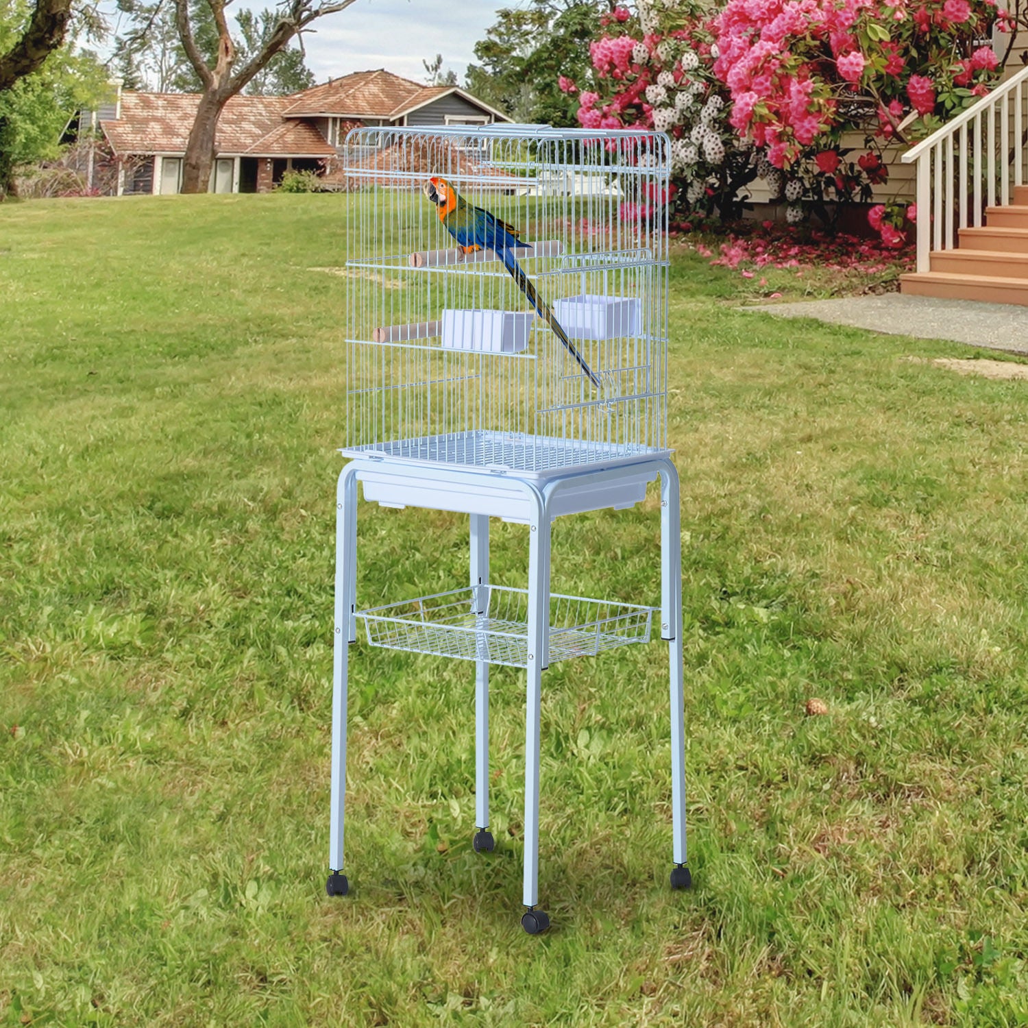 PawHut 44.5" Metal Indoor Bird Cage Starter Kit With Detachable Rolling Stand, Storage Basket, And Accessories - White