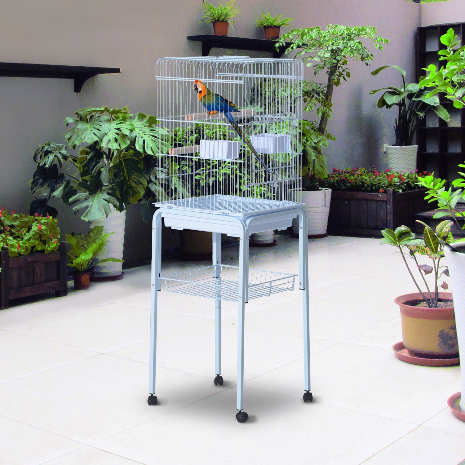 PawHut 44.5" Metal Indoor Bird Cage Starter Kit With Detachable Rolling Stand, Storage Basket, And Accessories - White