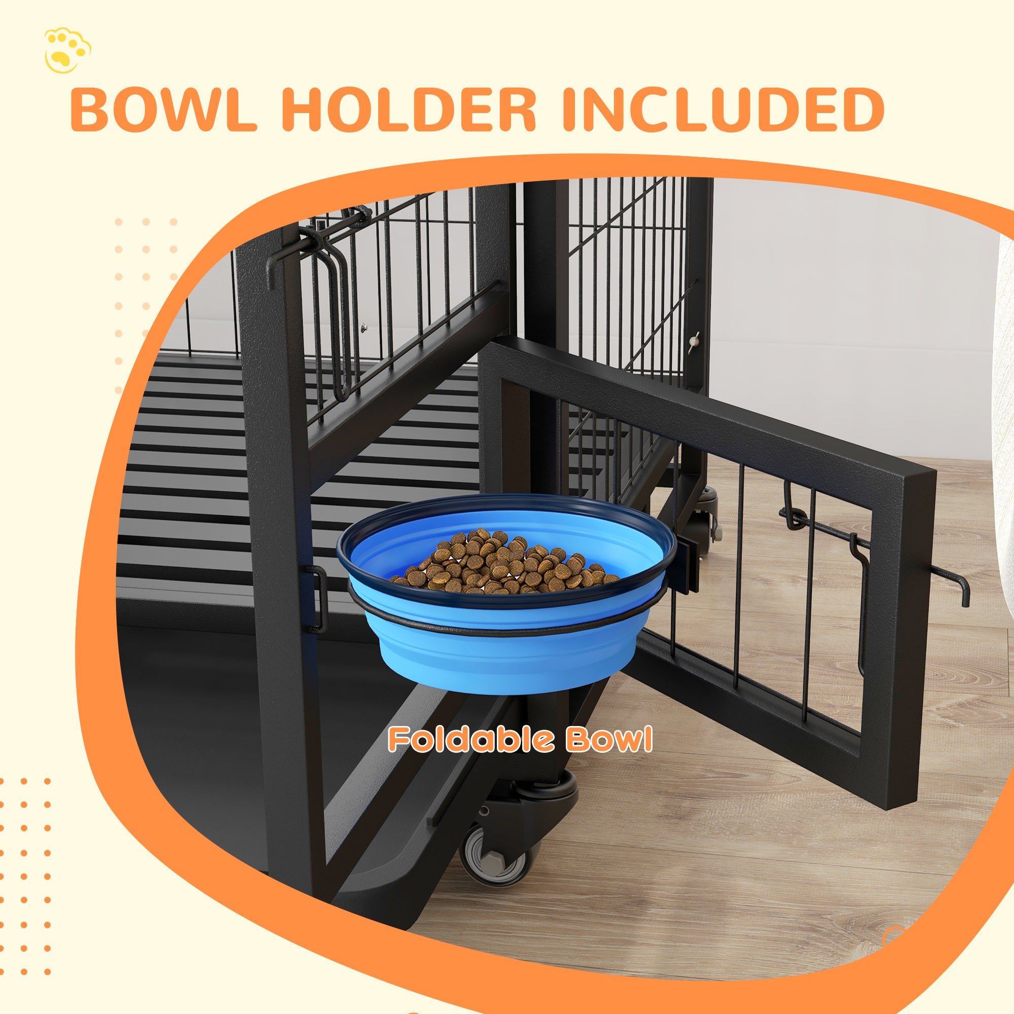 PawHut 36" Heavy Duty Dog Crate with Bowl Holder, Dog Cage on Wheels with Removable Tray, Openable Top, Detachable Door, Indoor Outdoor Use, for Medium and Large Dogs - Black
