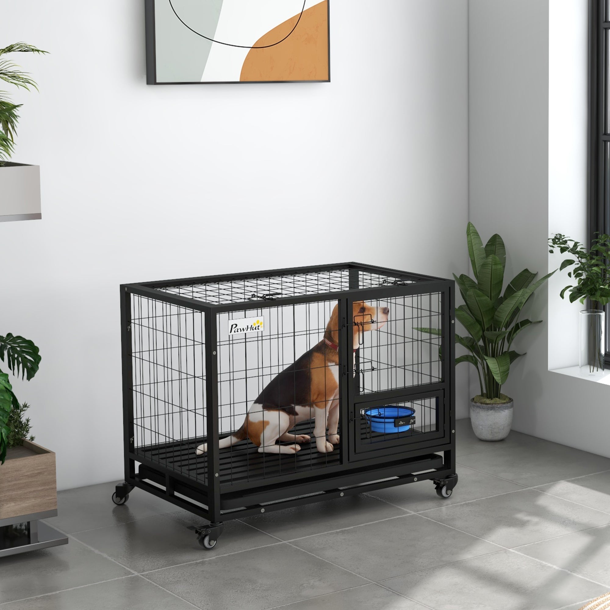 PawHut 36" Heavy Duty Dog Crate with Bowl Holder, Dog Cage on Wheels with Removable Tray, Openable Top, Detachable Door, Indoor Outdoor Use, for Medium and Large Dogs - Black