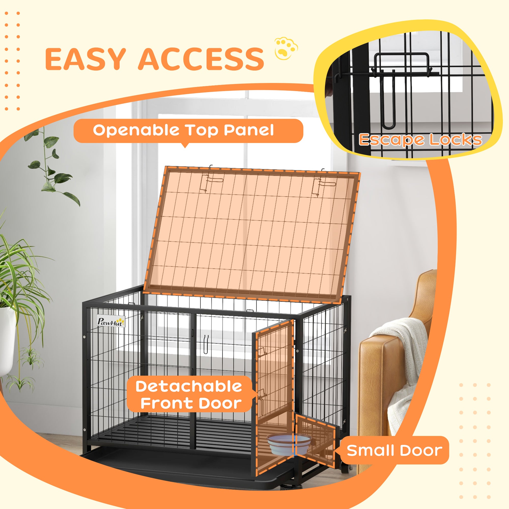 PawHut 36" Heavy Duty Dog Crate with Bowl Holder, Dog Cage on Wheels with Removable Tray, Openable Top, Detachable Door, Indoor Outdoor Use, for Medium and Large Dogs - Black
