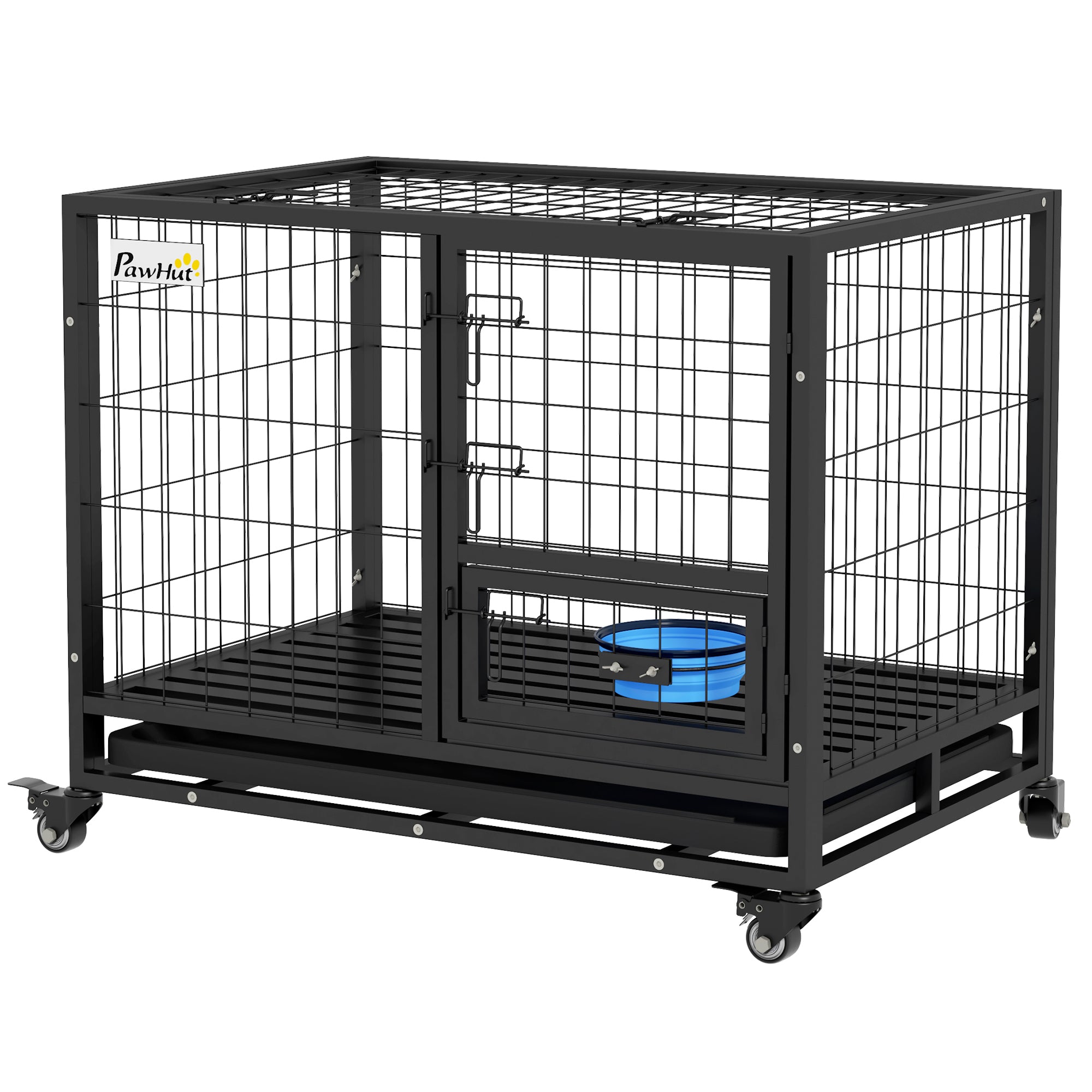 PawHut 36" Heavy Duty Dog Crate with Bowl Holder, Dog Cage on Wheels with Removable Tray, Openable Top, Detachable Door, Indoor Outdoor Use, for Medium and Large Dogs - Black