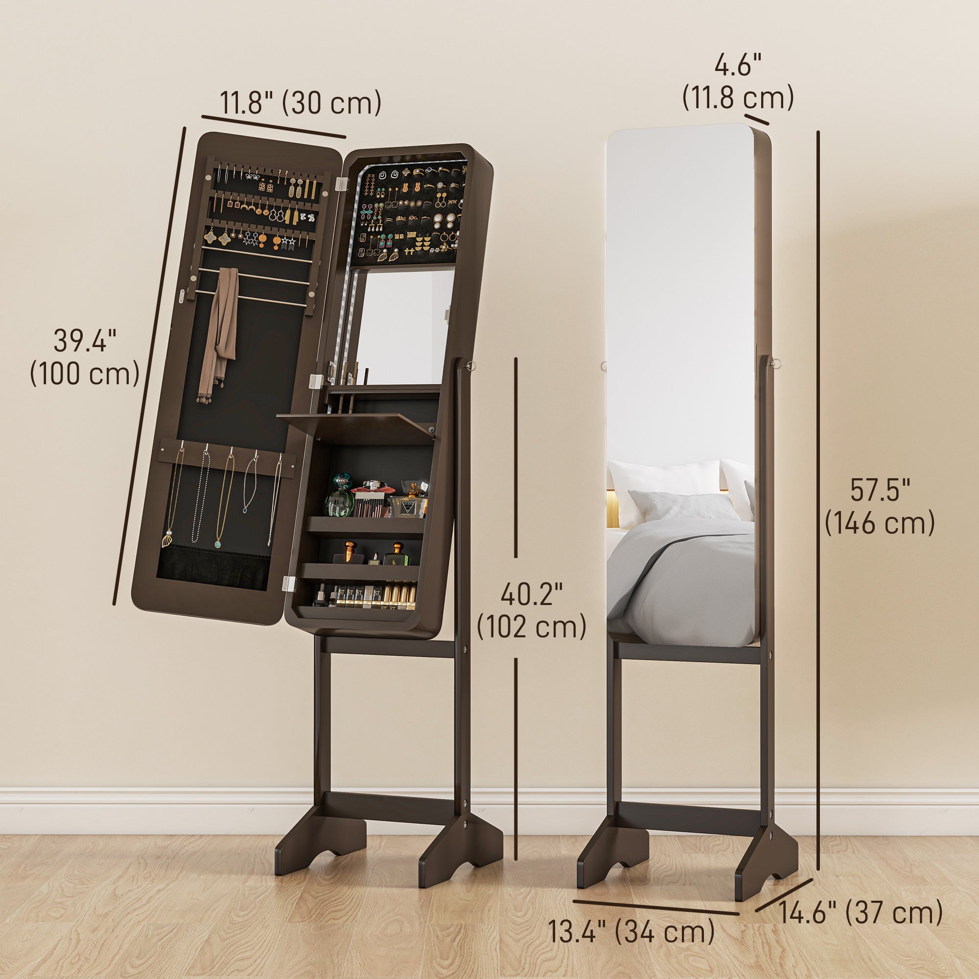 HOMCOM Freestanding Mirrored Jewelry Cabinet, LED Lighted Jewelry Armoire, Storage Organizer with Stand, Angle Adjustable, Brown