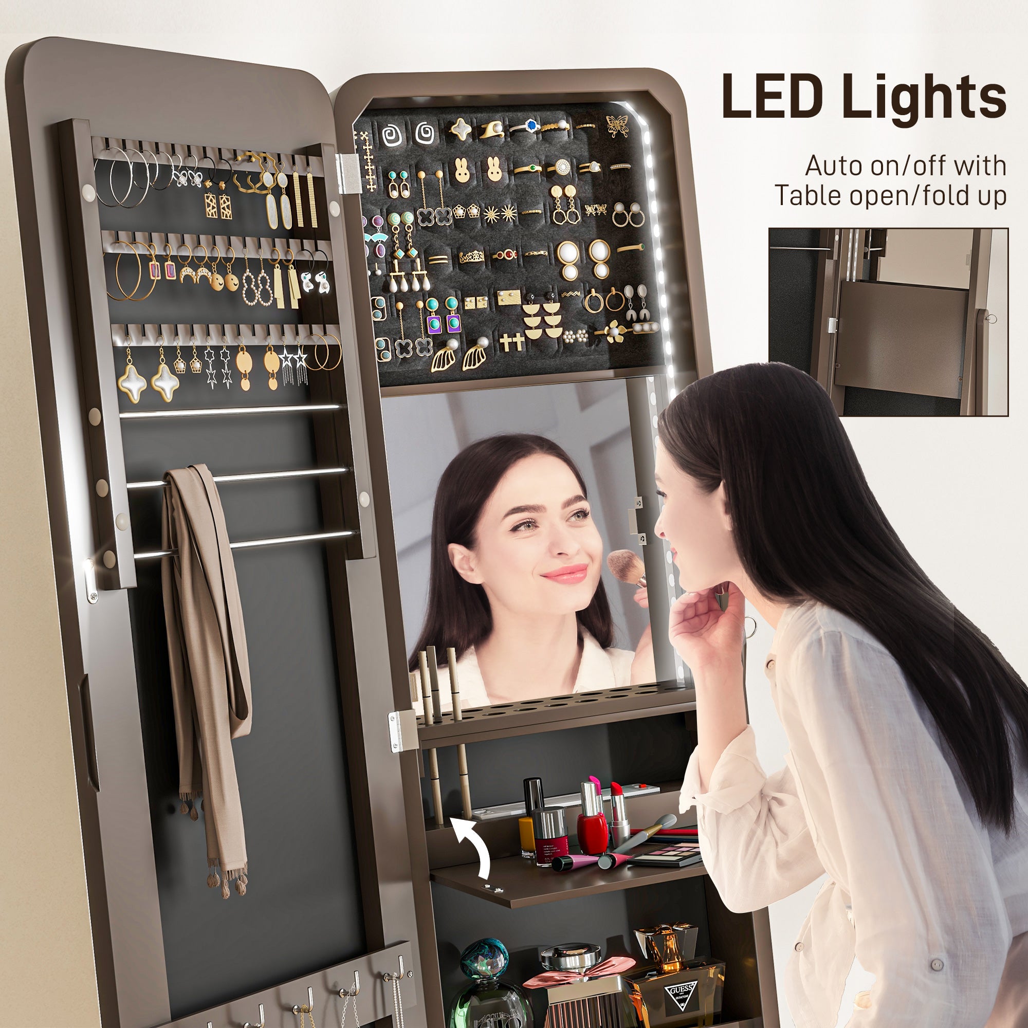 HOMCOM Freestanding Mirrored Jewelry Cabinet, LED Lighted Jewelry Armoire, Storage Organizer with Stand, Angle Adjustable, Brown