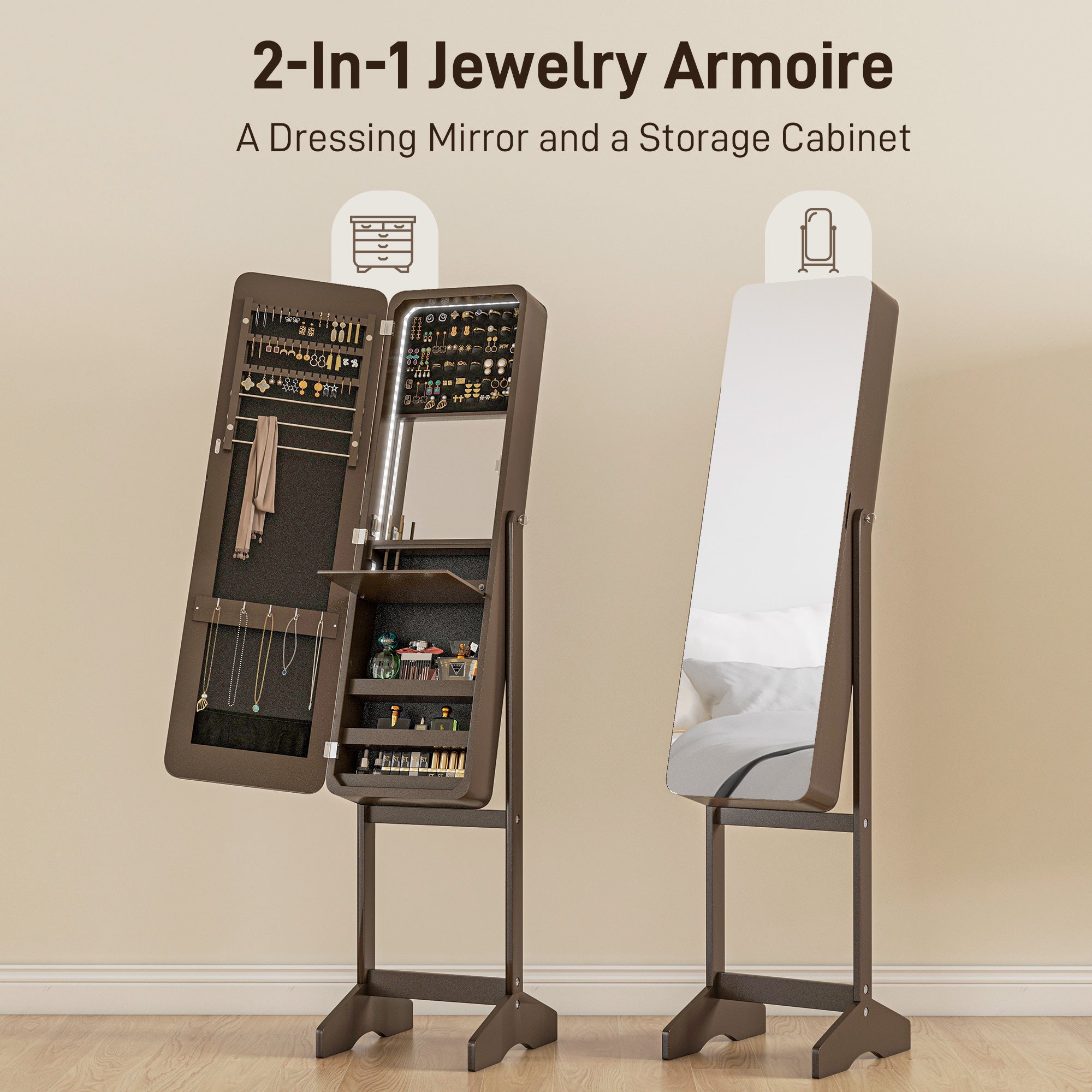 HOMCOM Freestanding Mirrored Jewelry Cabinet, LED Lighted Jewelry Armoire, Storage Organizer with Stand, Angle Adjustable, Brown