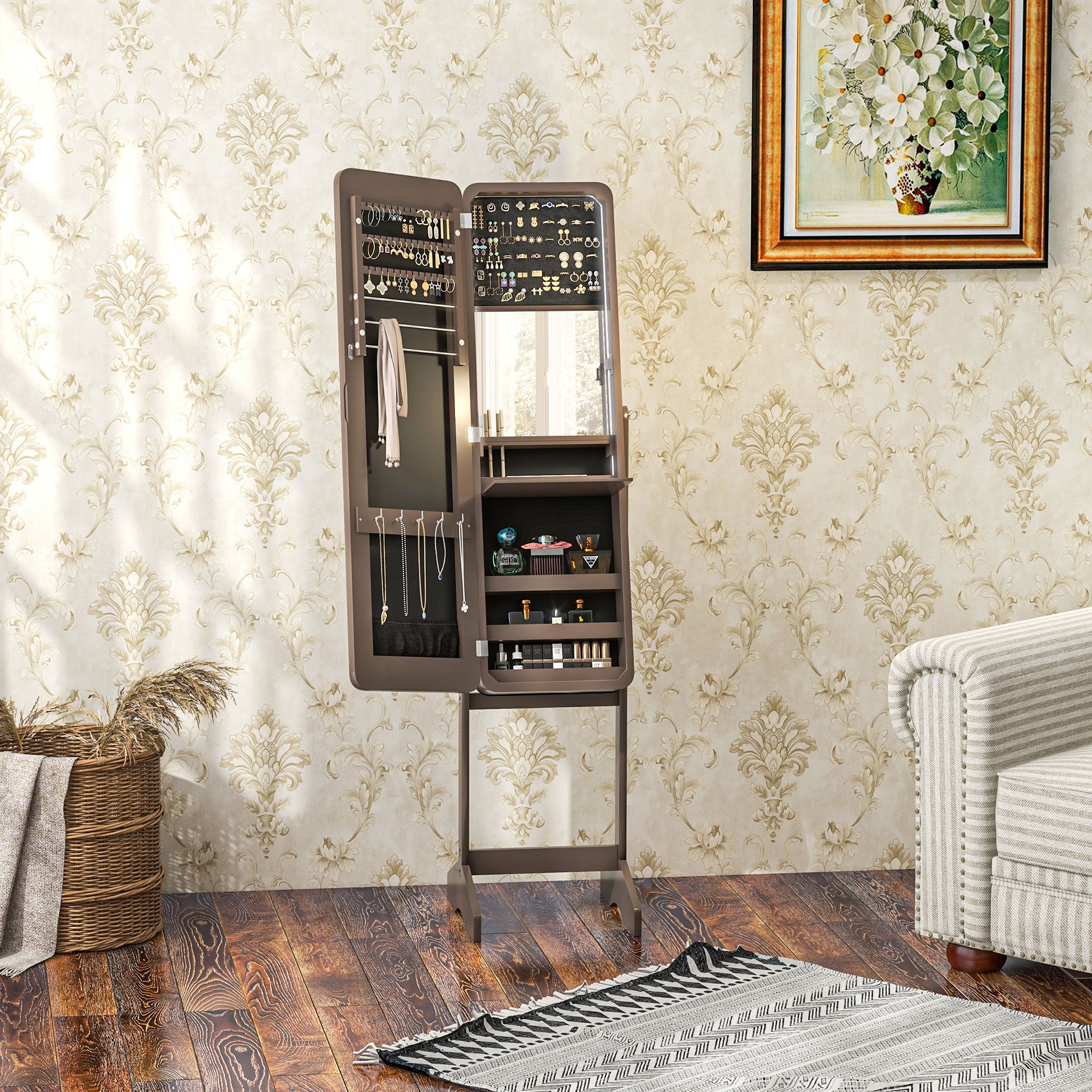 HOMCOM Freestanding Mirrored Jewelry Cabinet, LED Lighted Jewelry Armoire, Storage Organizer with Stand, Angle Adjustable, Brown