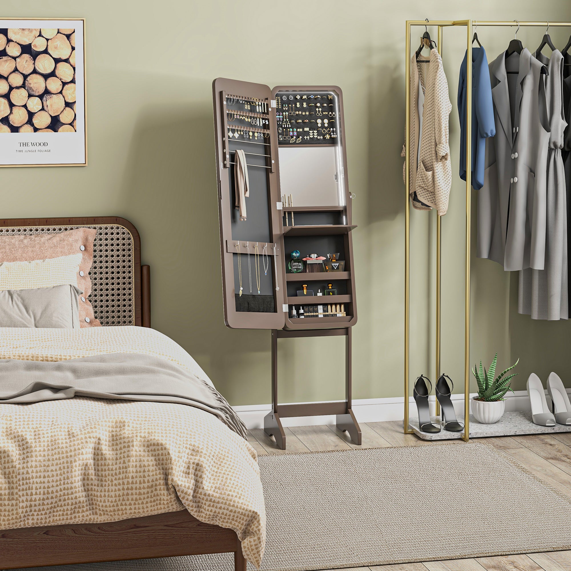 HOMCOM Freestanding Mirrored Jewelry Cabinet, LED Lighted Jewelry Armoire, Storage Organizer with Stand, Angle Adjustable, Brown