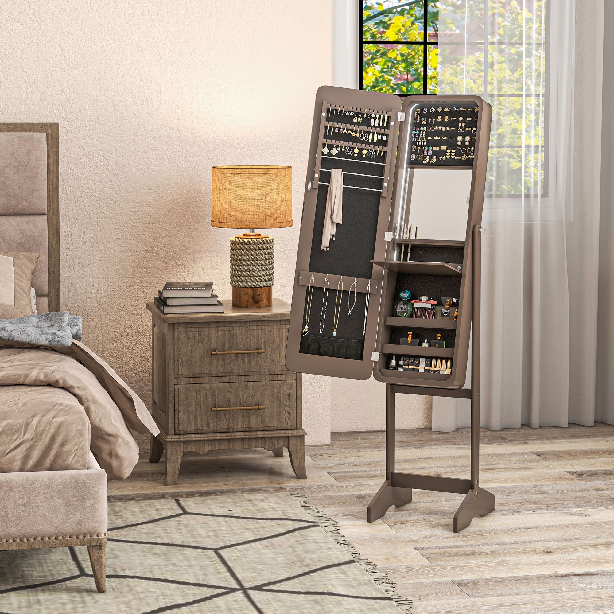 HOMCOM Freestanding Mirrored Jewelry Cabinet, LED Lighted Jewelry Armoire, Storage Organizer with Stand, Angle Adjustable, Brown