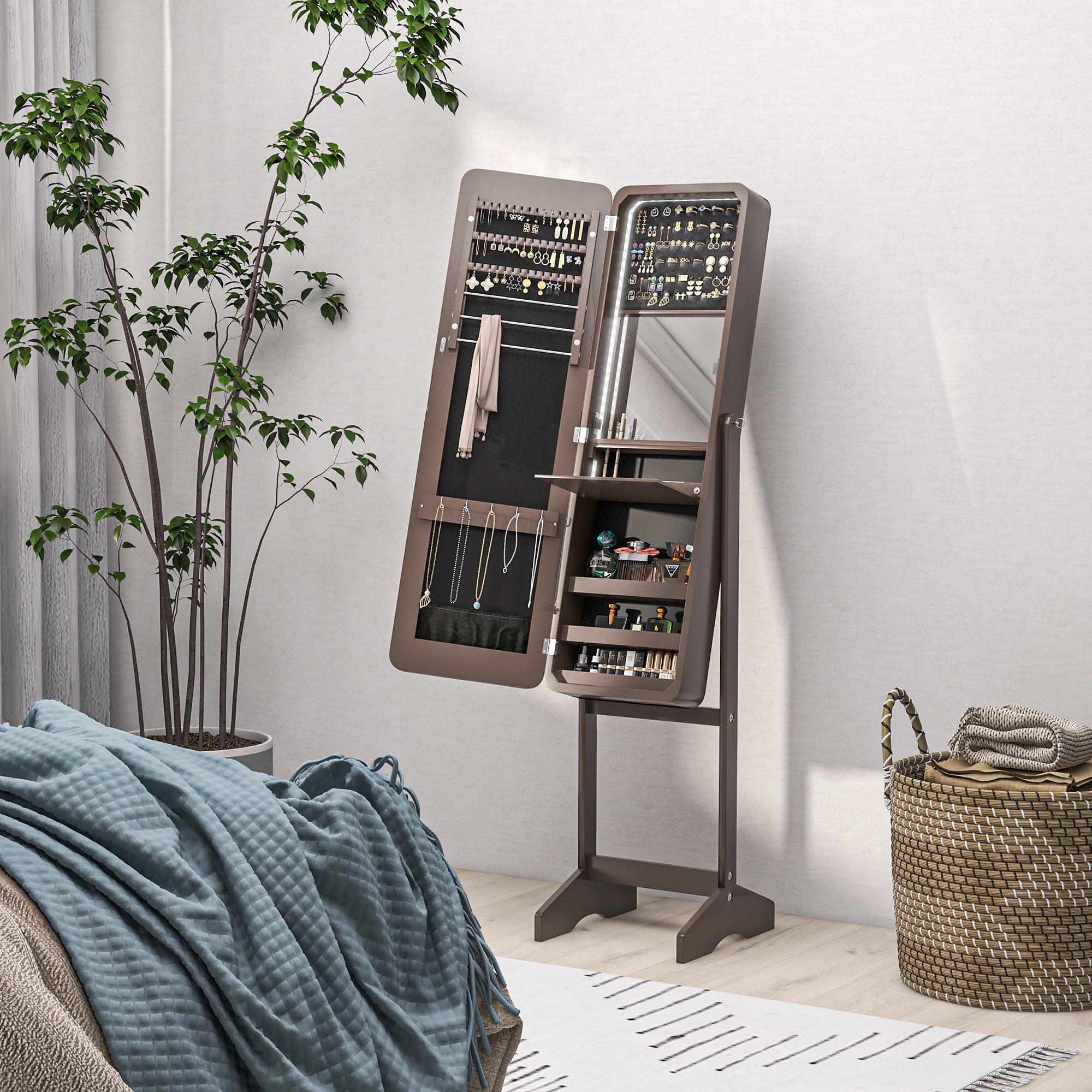 HOMCOM Freestanding Mirrored Jewelry Cabinet, LED Lighted Jewelry Armoire, Storage Organizer with Stand, Angle Adjustable, Brown