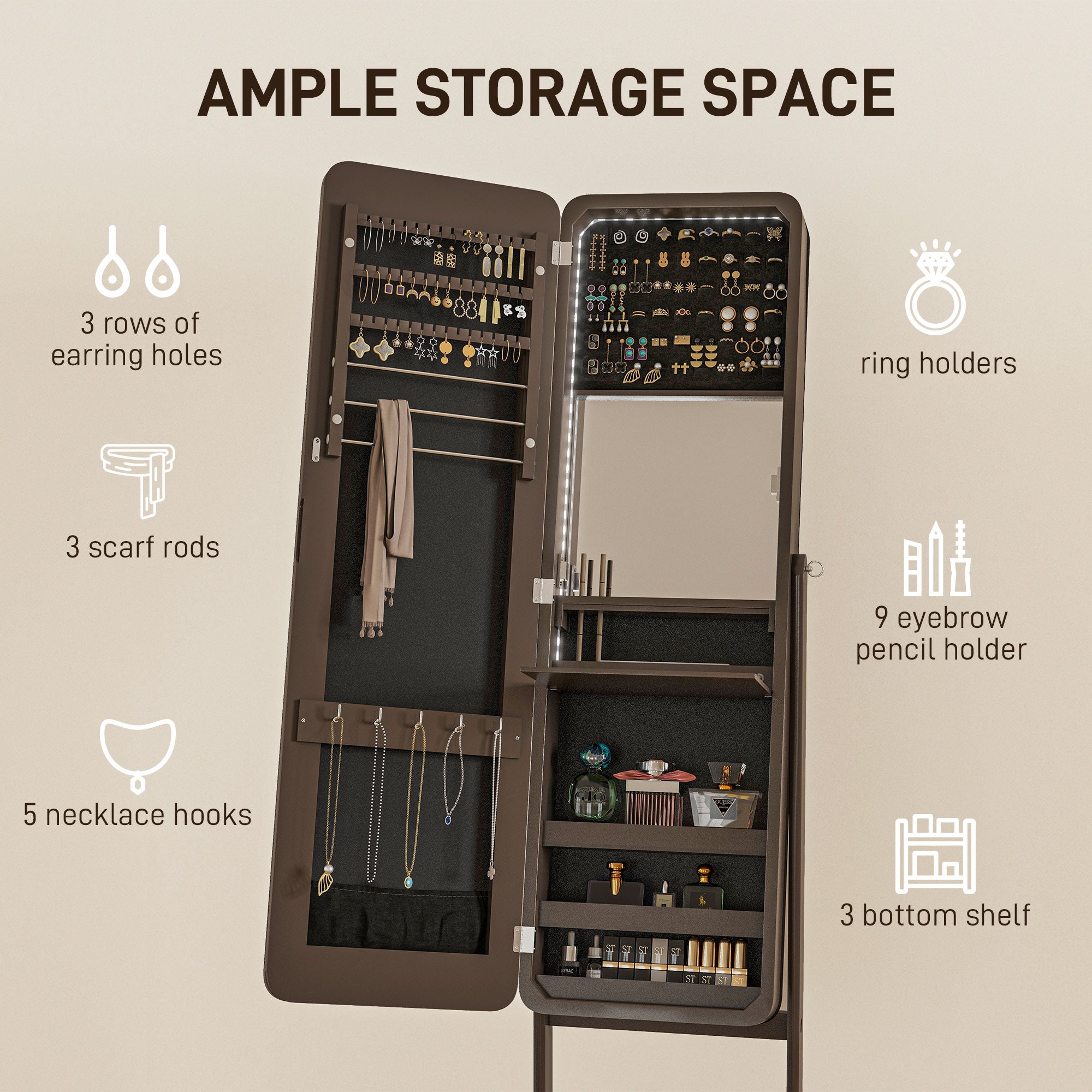 HOMCOM Freestanding Mirrored Jewelry Cabinet, LED Lighted Jewelry Armoire, Storage Organizer with Stand, Angle Adjustable, Brown