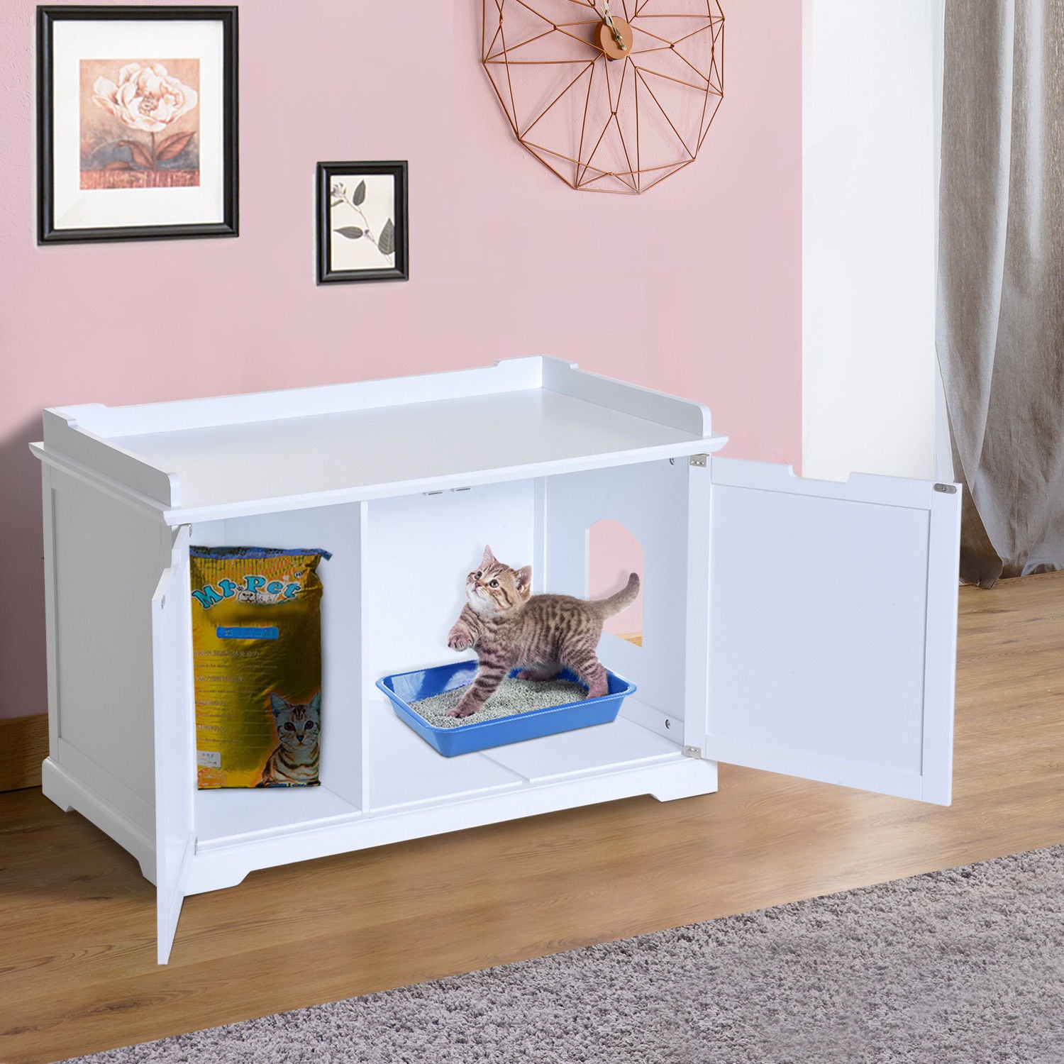 PawHut 2-in-1 Covered Cat Litter Box Washroom Storage Hideaway Cabinet Bench Home Decor, White