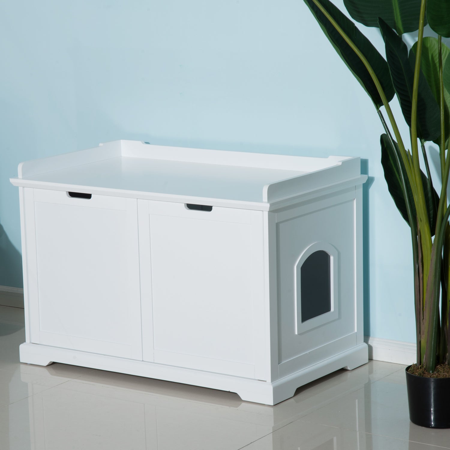 PawHut 2-in-1 Covered Cat Litter Box Washroom Storage Hideaway Cabinet Bench Home Decor, White