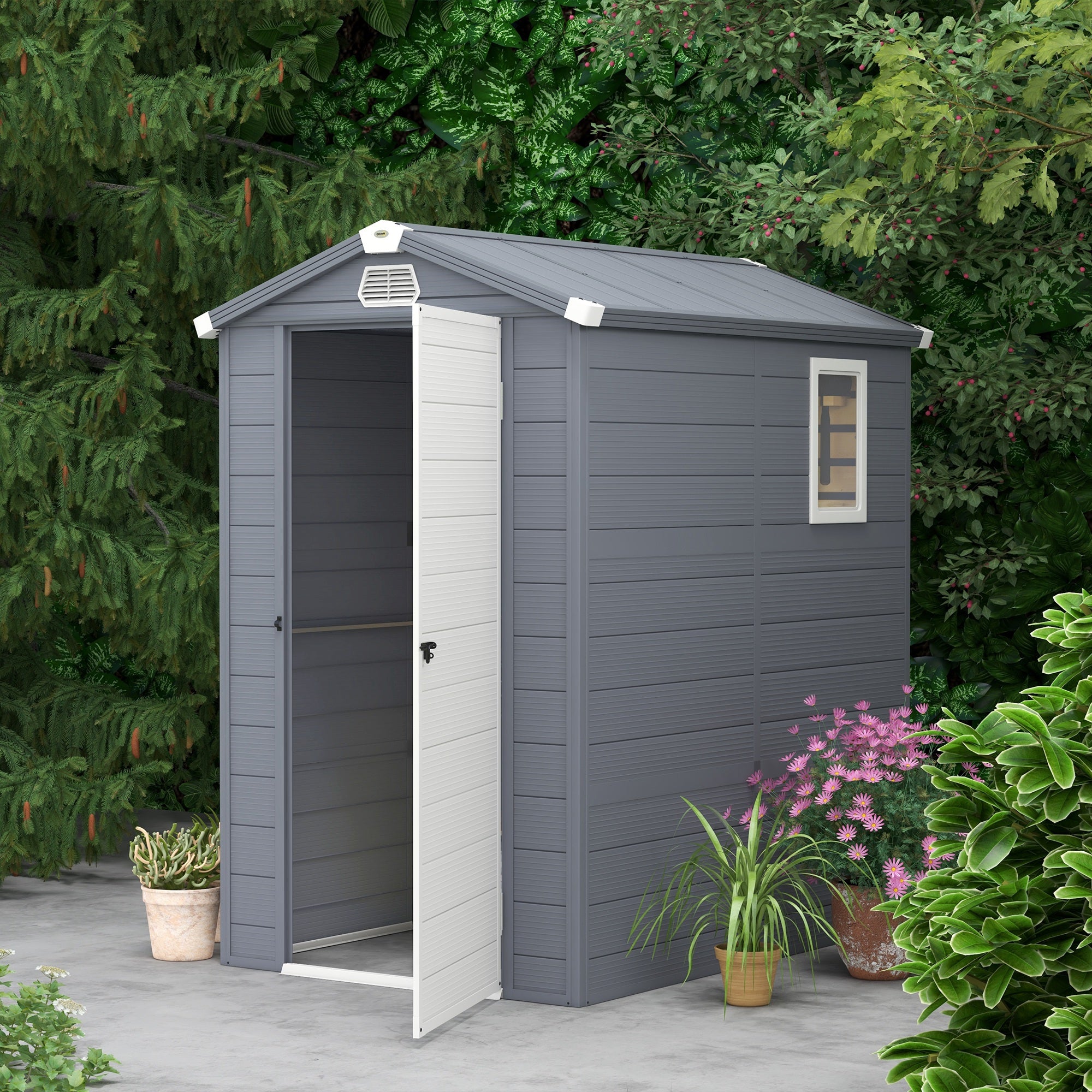 Outsunny 4.5' x 6' Garden Storage Shed, Outdoor Storage Patio Shed with Aluminum Frame, Galvanized Foundation Kit, Latched Door, Air Vents, Window for Backyard, Lawn, Light Grey