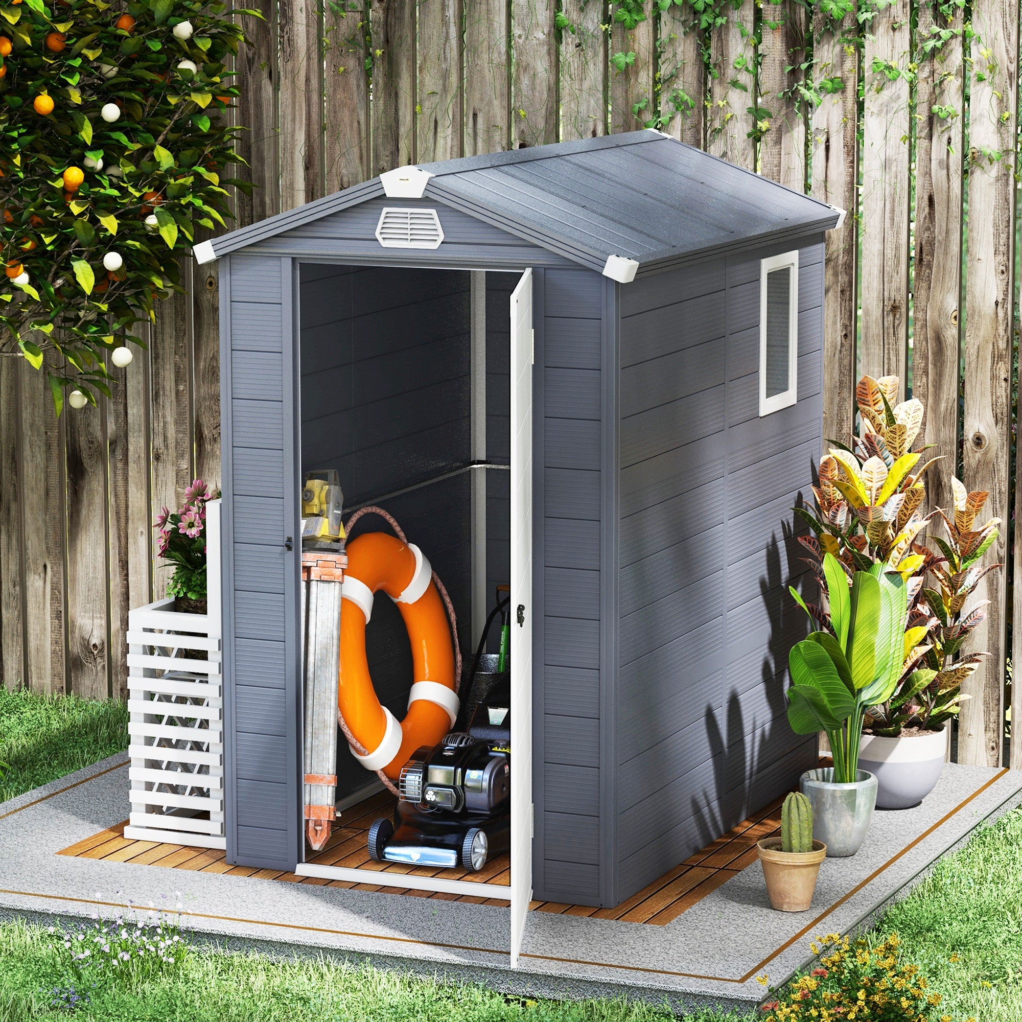 Outsunny 4.5' x 6' Garden Storage Shed, Outdoor Storage Patio Shed with Aluminum Frame, Galvanized Foundation Kit, Latched Door, Air Vents, Window for Backyard, Lawn, Light Grey
