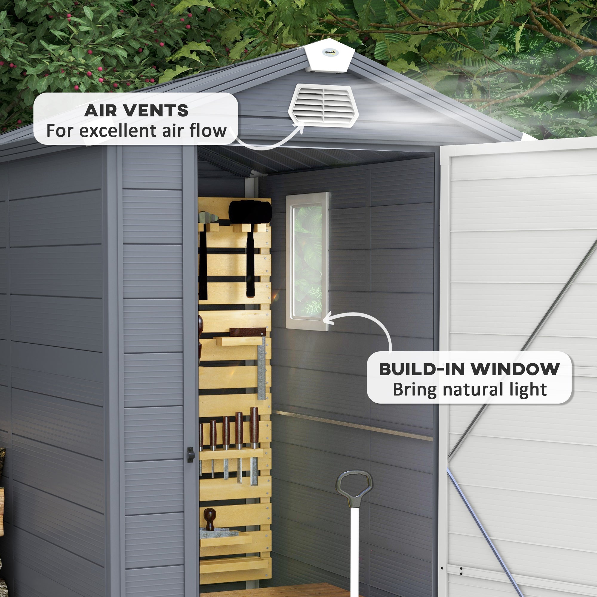 Outsunny 4.5' x 6' Garden Storage Shed, Outdoor Storage Patio Shed with Aluminum Frame, Galvanized Foundation Kit, Latched Door, Air Vents, Window for Backyard, Lawn, Light Grey