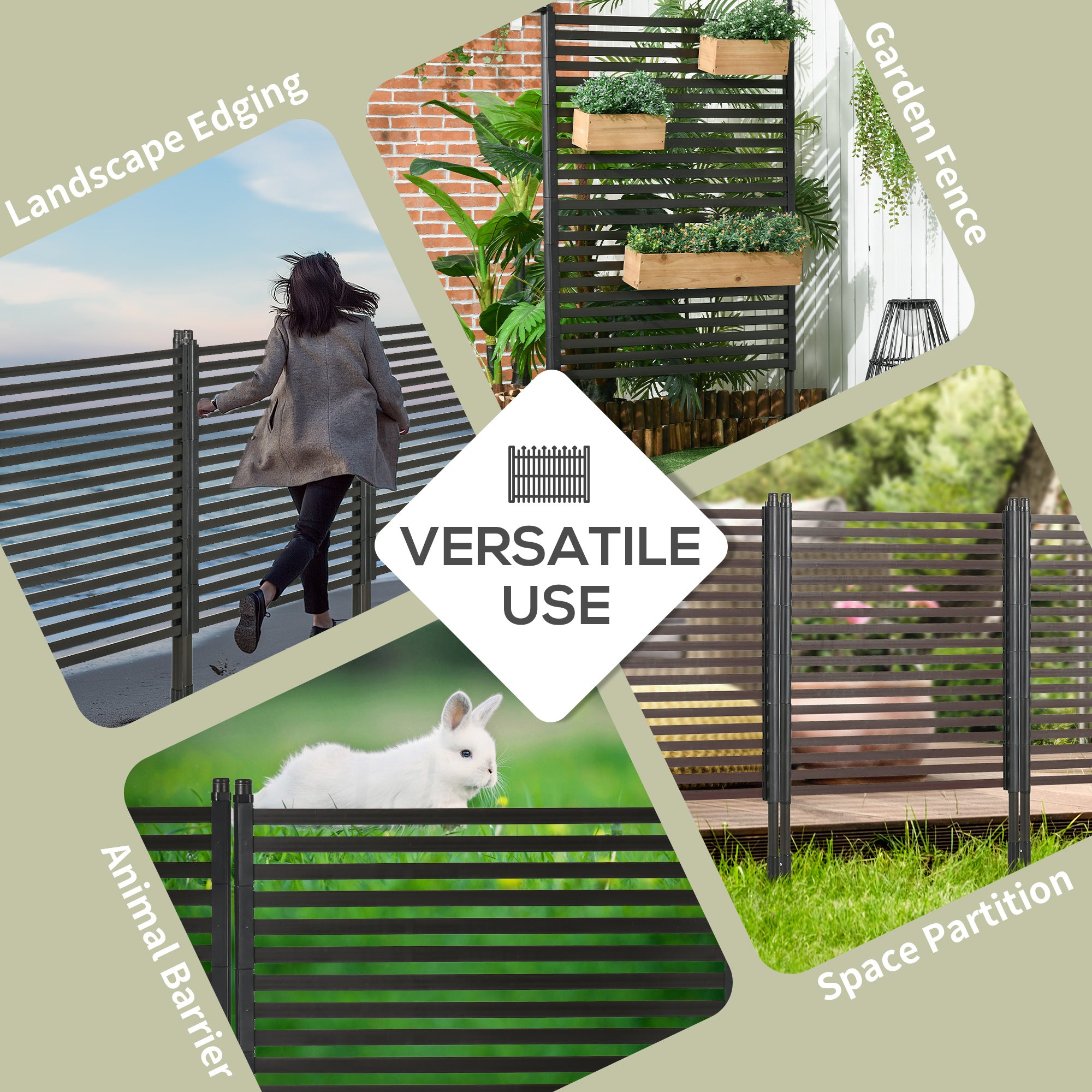 Outsunny Picket Metal Garden Fence for Hard & Soft Ground, 5 ft(H) Standing Outdoor Fencing with Feet, Animal Barrier Flower Bed Landscape Edging, Brown