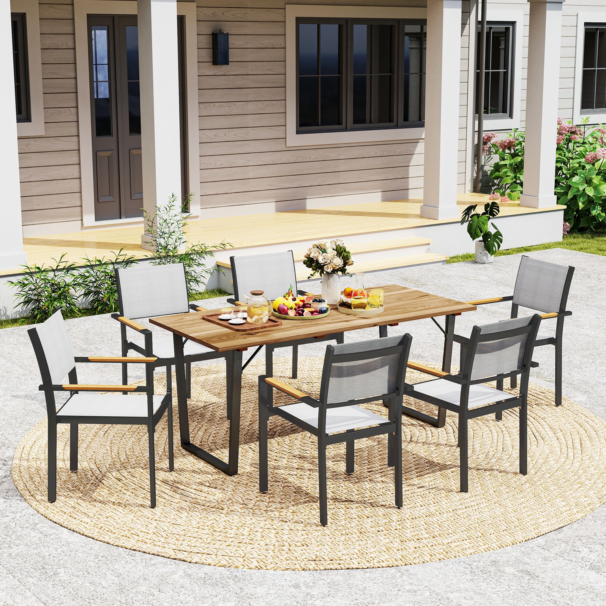Outsunny Wooden Outdoor Dining Table for 6, Rectangular Large Patio Table with 2" Umbrella Hole, Slatted Tabletop, Metal Frame, Indoor Outdoor Dining Furniture for Yard, Deck, Lawn