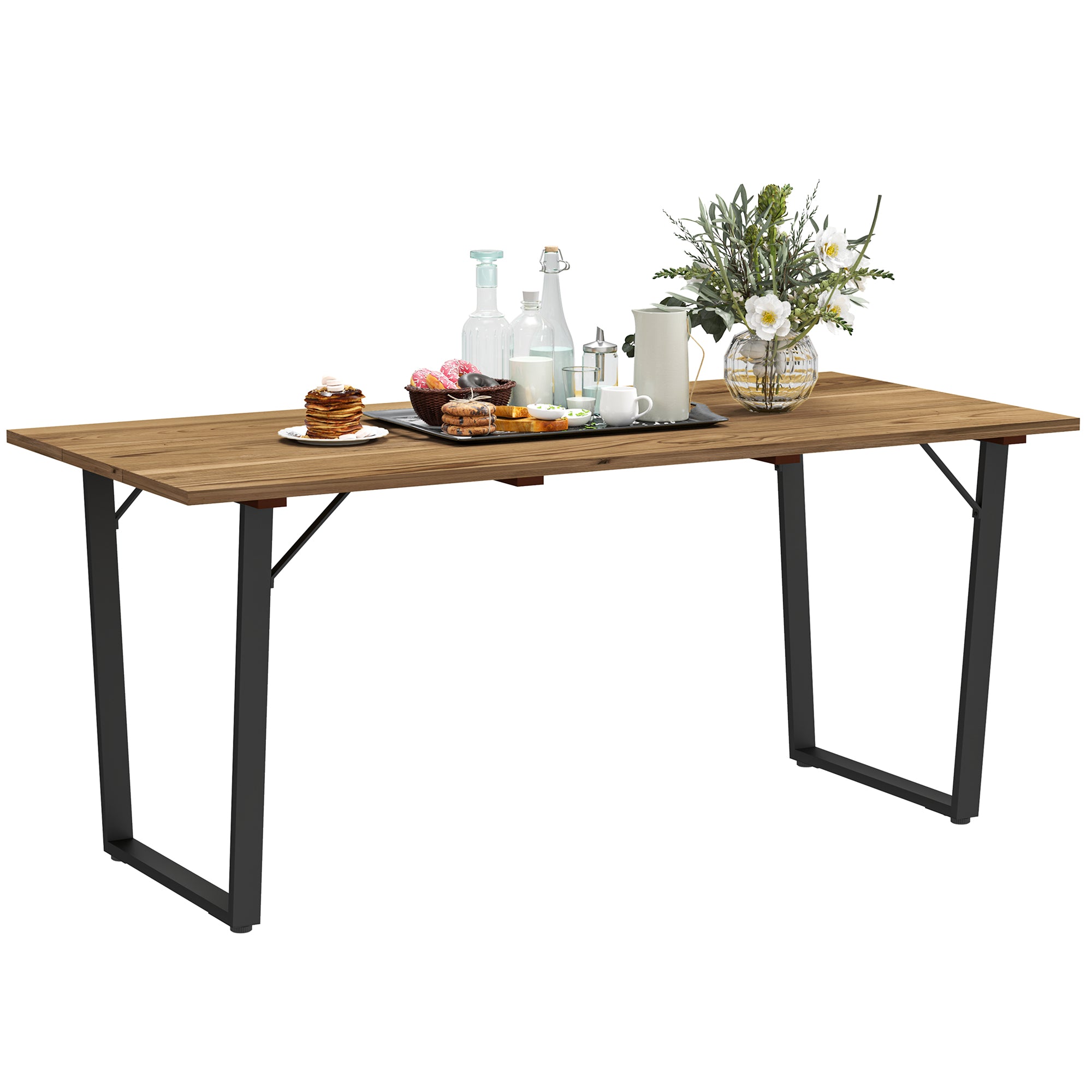 Outsunny Wooden Outdoor Dining Table for 6, Rectangular Large Patio Table with 2" Umbrella Hole, Slatted Tabletop, Metal Frame, Indoor Outdoor Dining Furniture for Yard, Deck, Lawn