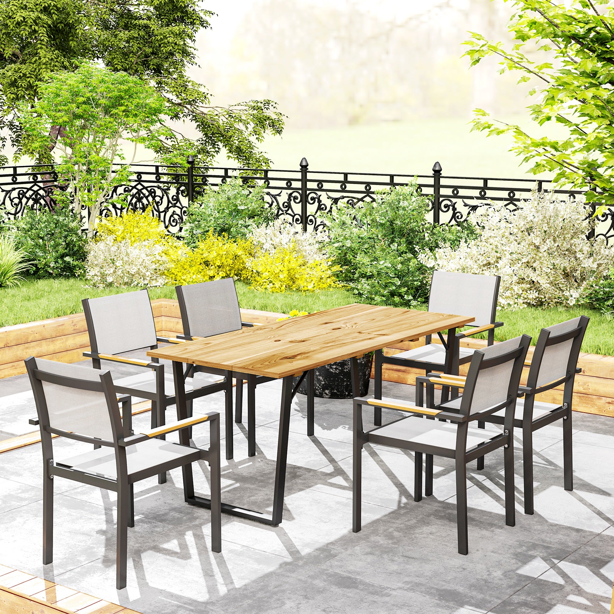 Outsunny Wooden Outdoor Dining Table for 6, Rectangular Large Patio Table with 2" Umbrella Hole, Slatted Tabletop, Metal Frame, Indoor Outdoor Dining Furniture for Yard, Deck, Lawn