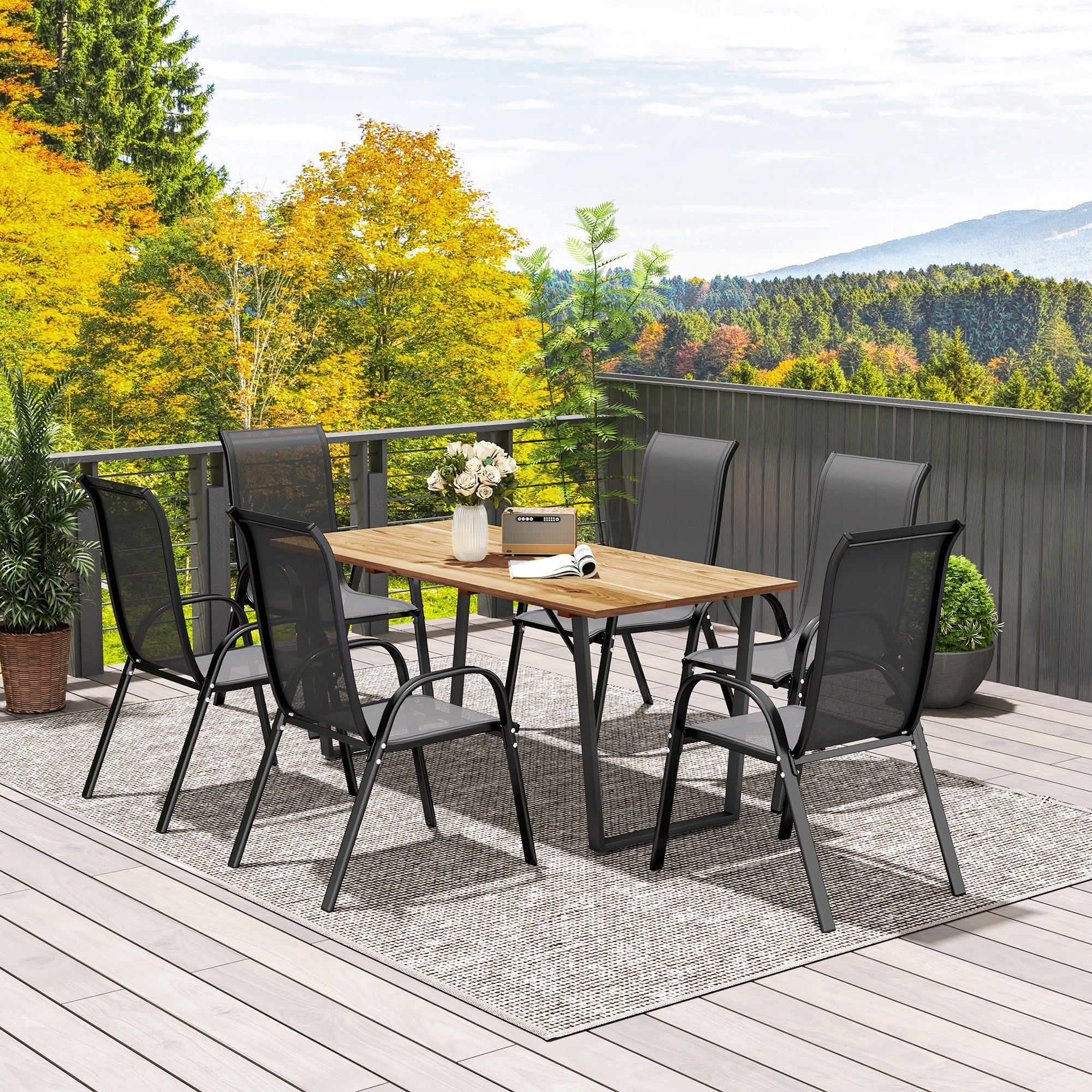 Outsunny Wooden Outdoor Dining Table for 6, Rectangular Large Patio Table with 2" Umbrella Hole, Slatted Tabletop, Metal Frame, Indoor Outdoor Dining Furniture for Yard, Deck, Lawn