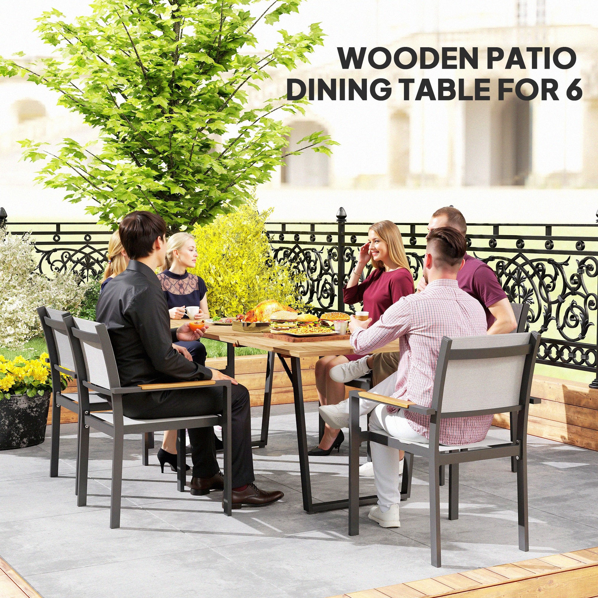Outsunny Wooden Outdoor Dining Table for 6, Rectangular Large Patio Table with 2" Umbrella Hole, Slatted Tabletop, Metal Frame, Indoor Outdoor Dining Furniture for Yard, Deck, Lawn