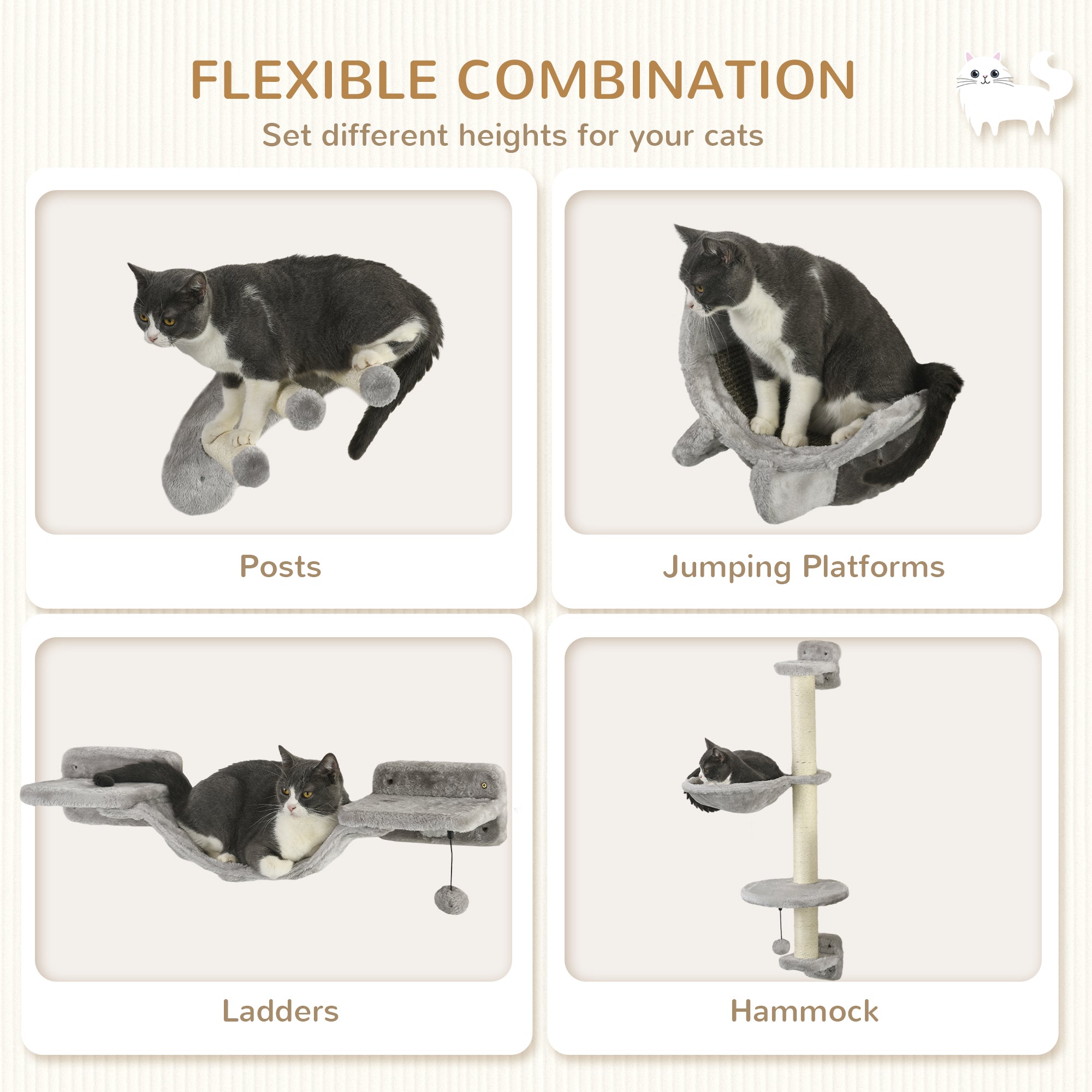 PawHut 4 Piece Cat Shelves, Cat Wall Furniture with Hammock, Scratching Posts, Soft Ladder, Steps, Jump Platforms, Cat Wall Shelves for Indoor Cats - Grey