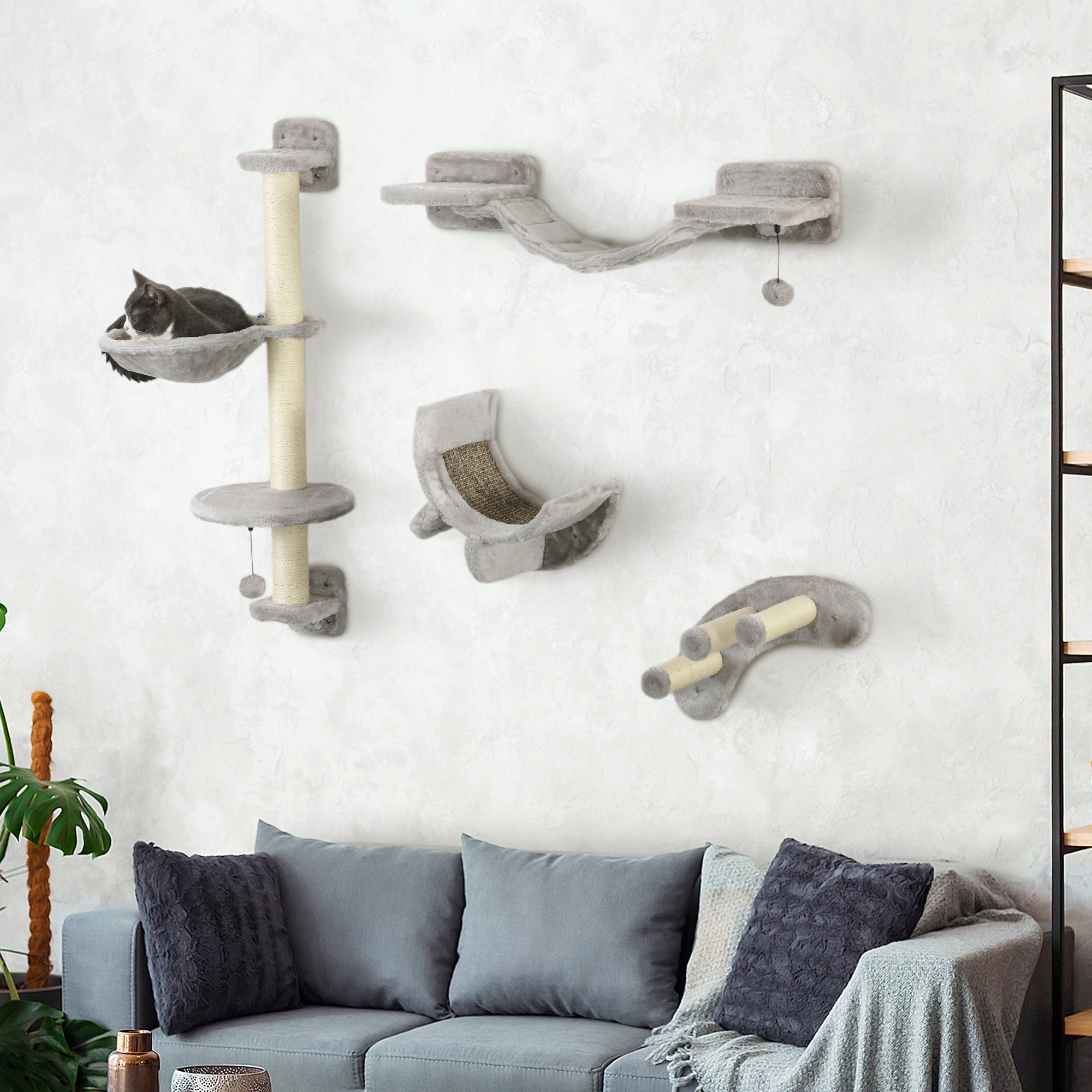 PawHut 4 Piece Cat Shelves, Cat Wall Furniture with Hammock, Scratching Posts, Soft Ladder, Steps, Jump Platforms, Cat Wall Shelves for Indoor Cats - Grey
