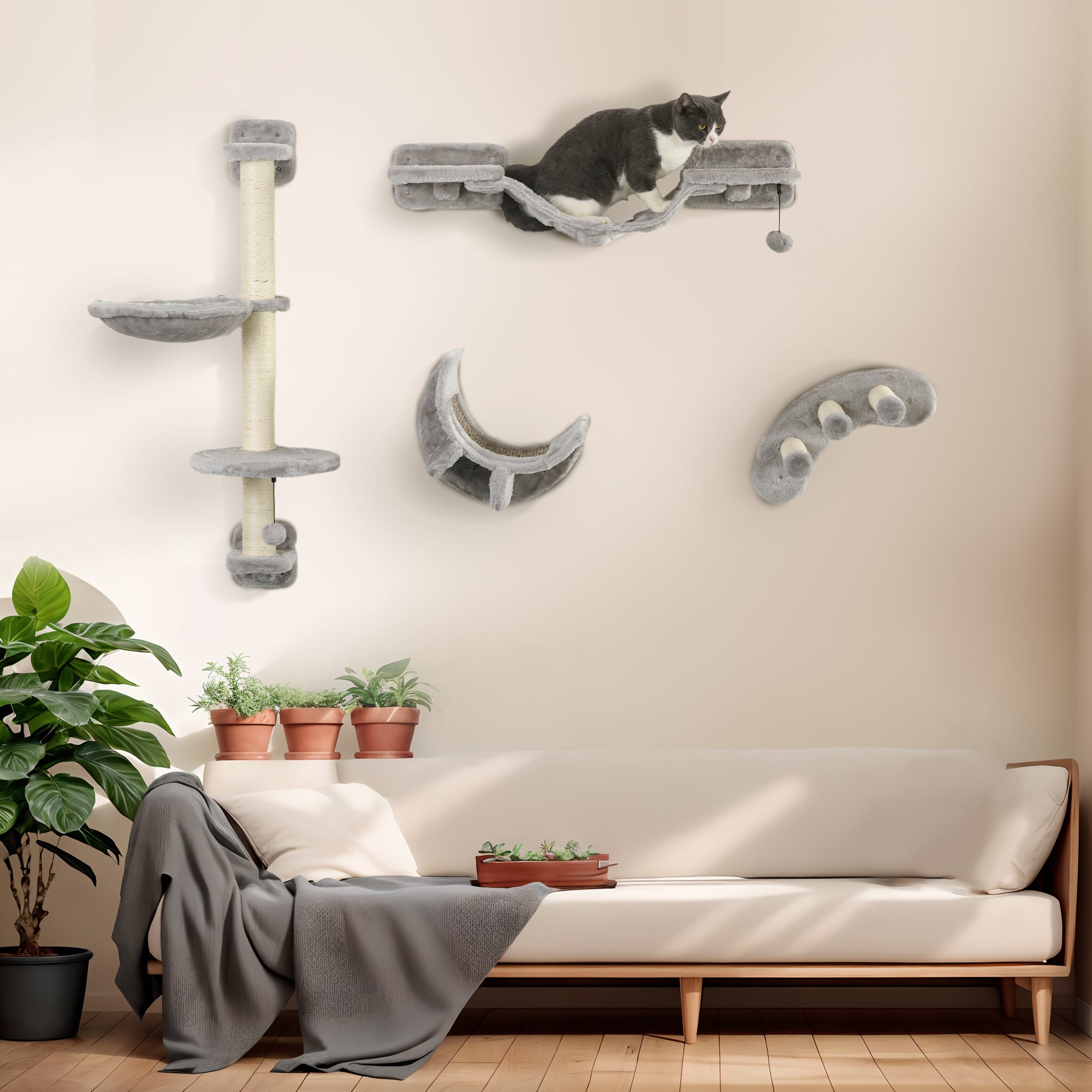 PawHut 4 Piece Cat Shelves, Cat Wall Furniture with Hammock, Scratching Posts, Soft Ladder, Steps, Jump Platforms, Cat Wall Shelves for Indoor Cats - Grey