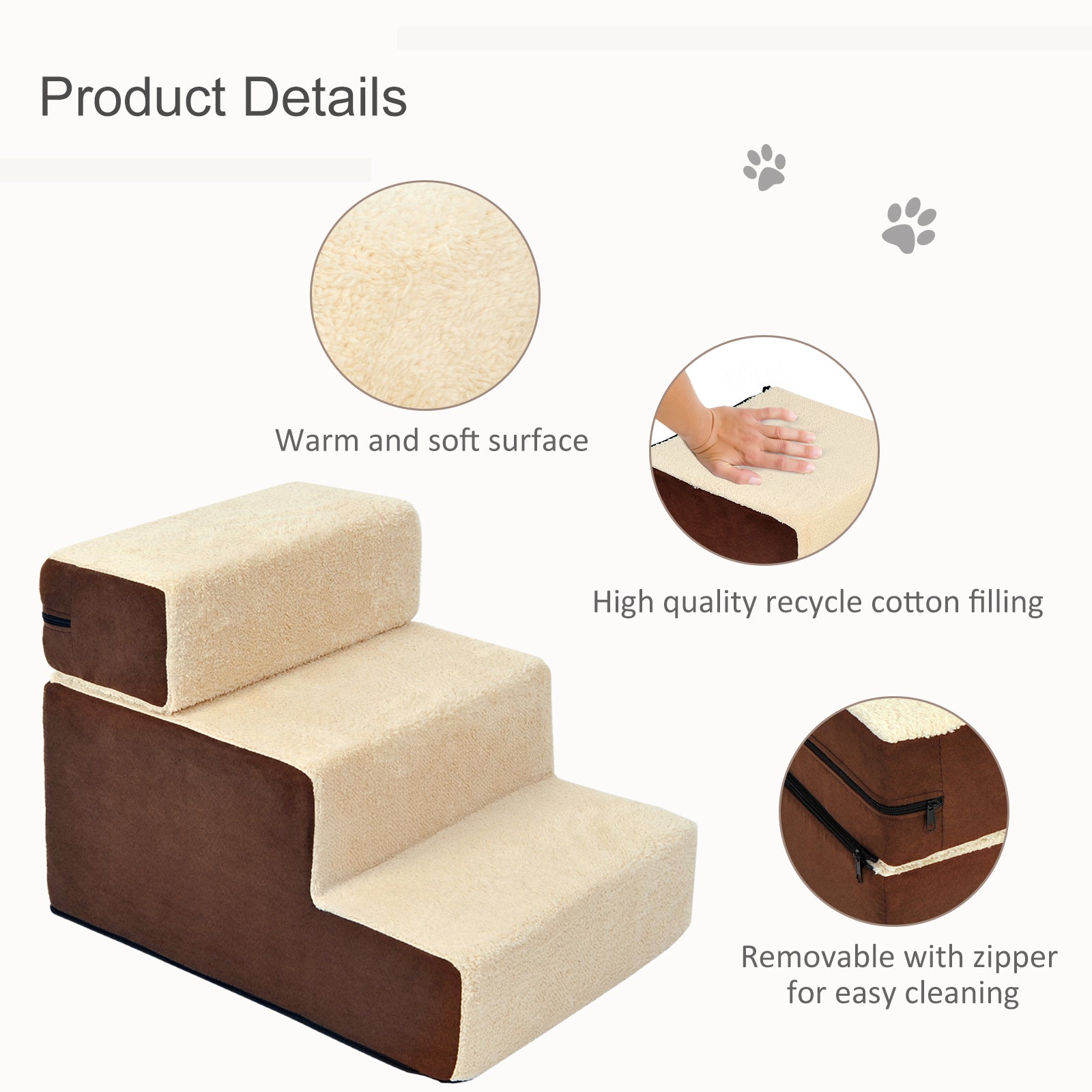 PawHut Deluxe Pet Stairs 3 Steps Dog Cat Soft Padded Covered Staircase