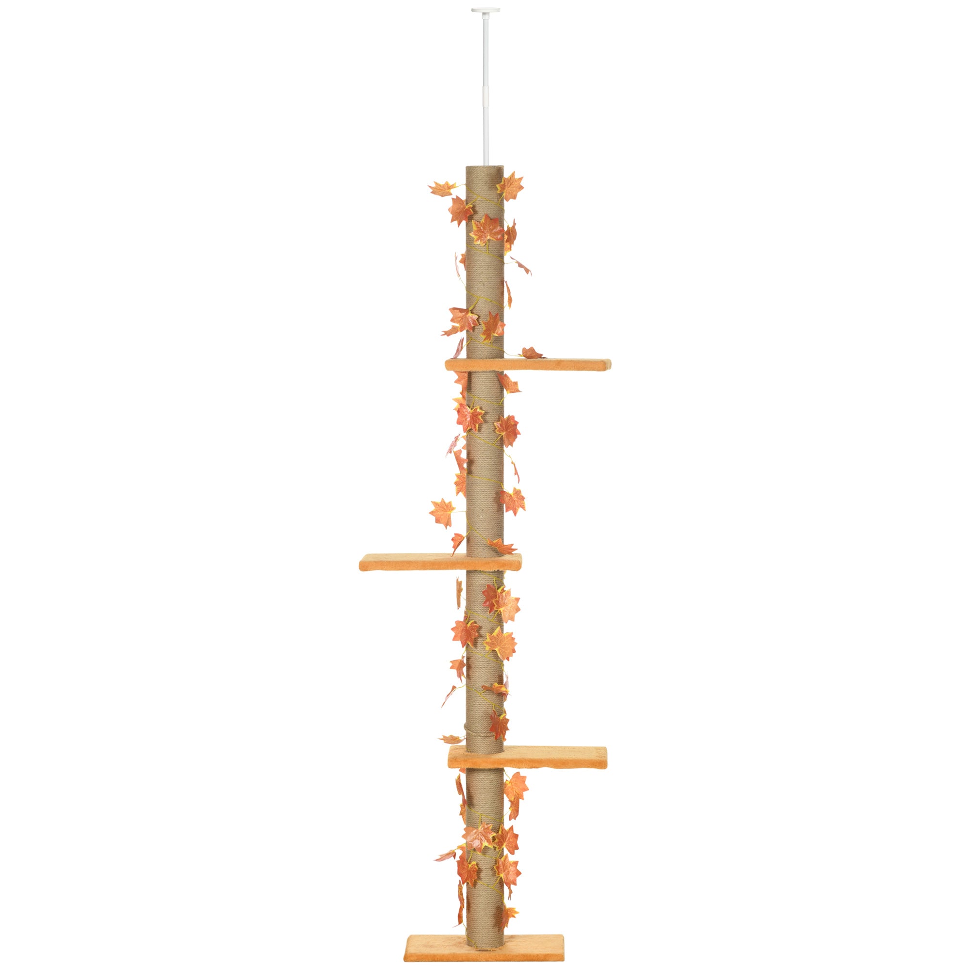PawHut 242cm Floor to Ceiling Cat Tree for Indoor Cats with Leaves, Height Adjustable Cat Climbing Tower with Scratching Post, Anti-Slip Kit - Orange