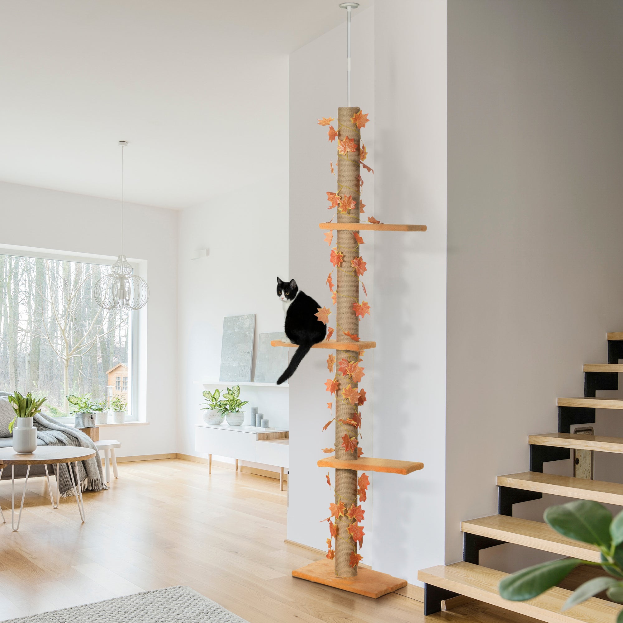 PawHut 242cm Floor to Ceiling Cat Tree for Indoor Cats with Leaves, Height Adjustable Cat Climbing Tower with Scratching Post, Anti-Slip Kit - Orange