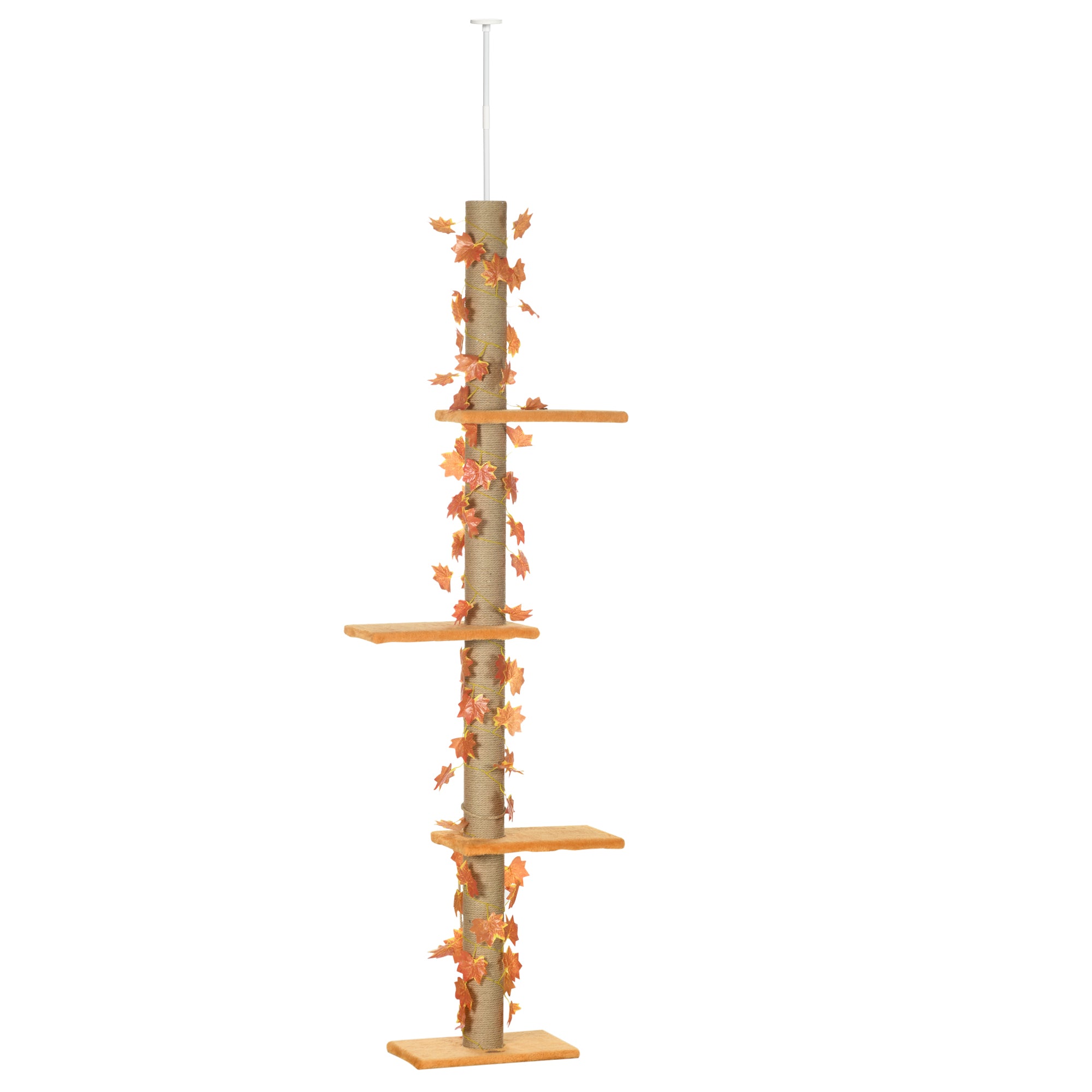 PawHut 242cm Floor to Ceiling Cat Tree for Indoor Cats with Leaves, Height Adjustable Cat Climbing Tower with Scratching Post, Anti-Slip Kit - Orange