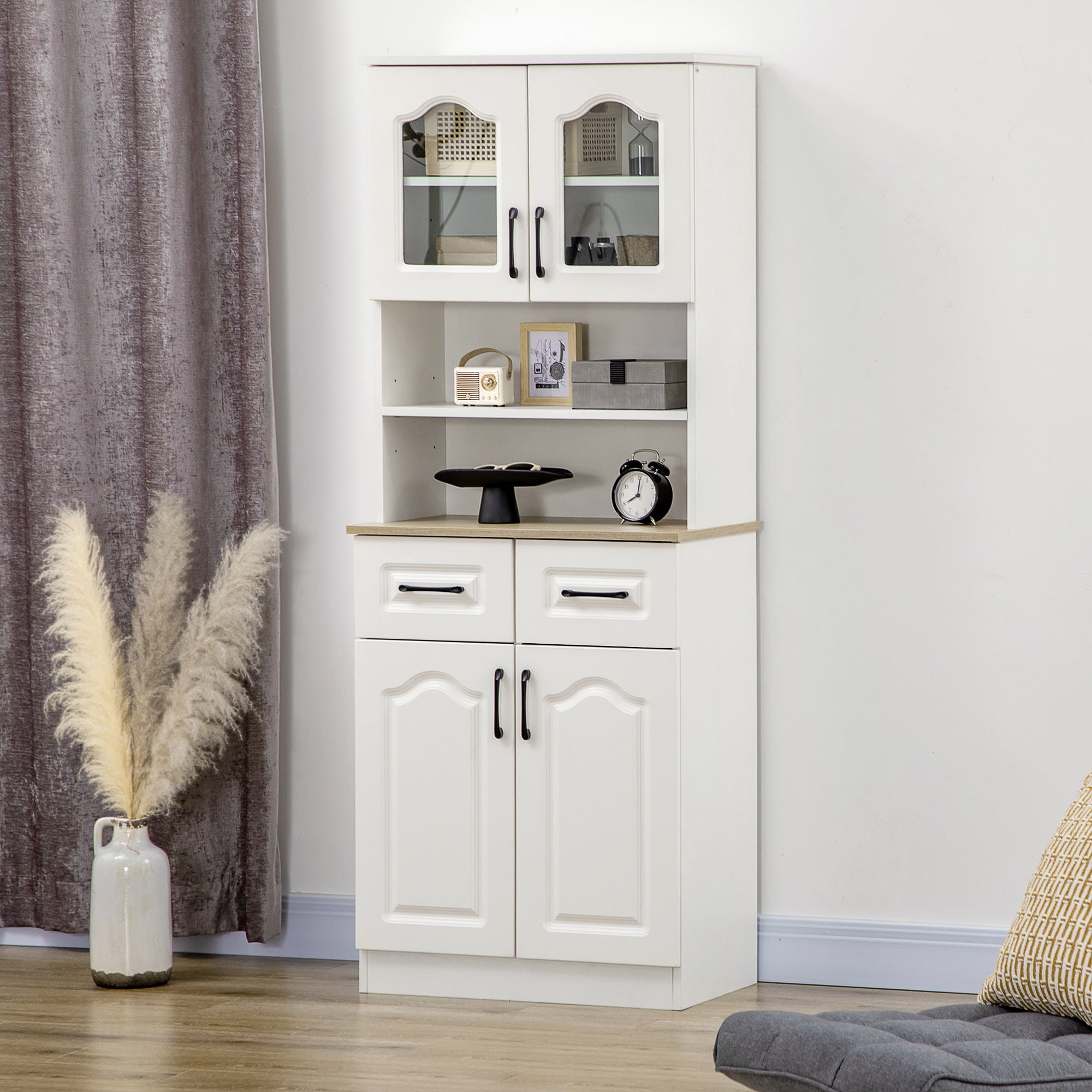 HOMCOM 66" Buffet with Hutch, Kitchen Pantry, Freestanding Storage Cabinet with 2 Adjustable Shelves, 2 Drawers and Open Counter, White