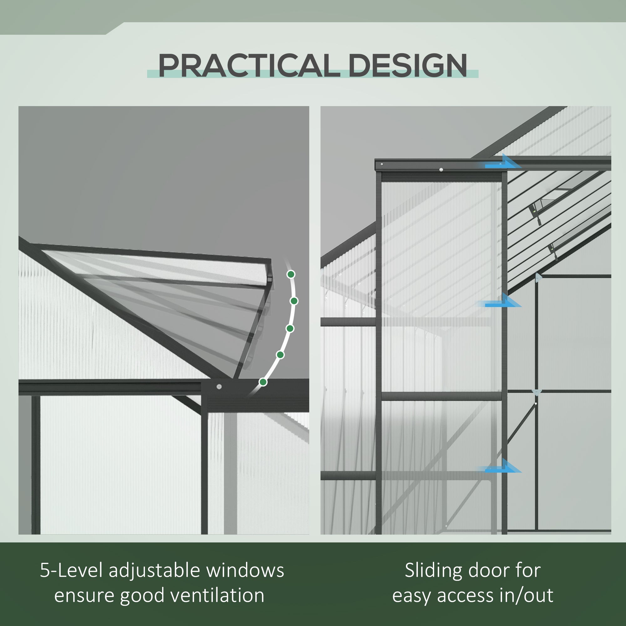 Outsunny 20' x 8' Aluminum Polycarbonate Greenhouse Walk-in Garden Greenhouse Kit with Adjustable Roof Vent, Rain Gutter and Sliding Door for Winter, Black