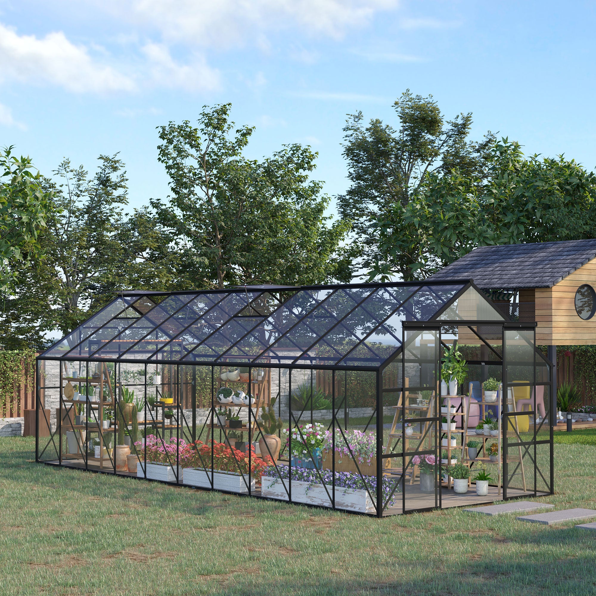 Outsunny 20' x 8' Aluminum Polycarbonate Greenhouse Walk-in Garden Greenhouse Kit with Adjustable Roof Vent, Rain Gutter and Sliding Door for Winter, Black