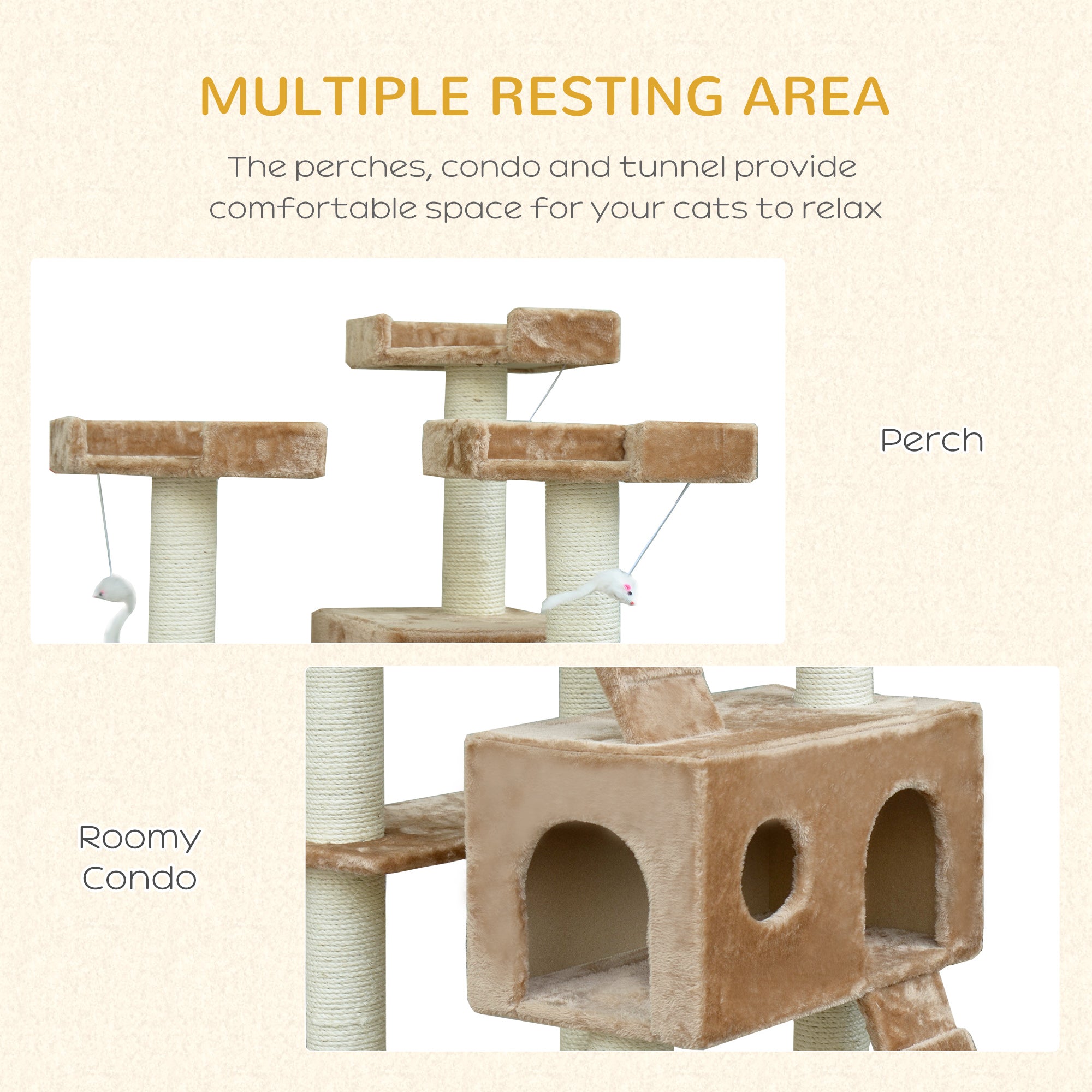 PawHut Cat Tree for Large Cats Adult, 70.5" Cat Tower, Multilevel Cat Furniture Activity Center with Cat Scratching Posts, Cat Condo, Ramps, Dangling Toys, Beige