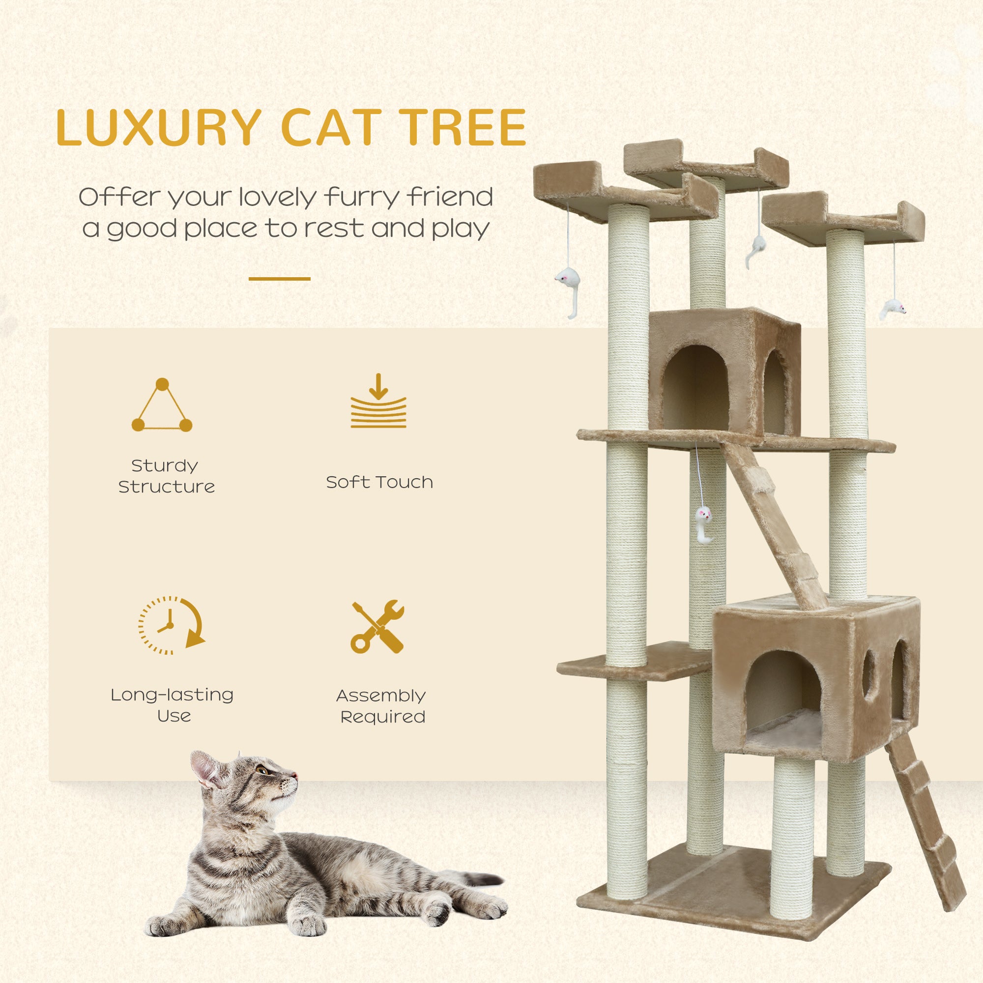 PawHut Cat Tree for Large Cats Adult, 70.5" Cat Tower, Multilevel Cat Furniture Activity Center with Cat Scratching Posts, Cat Condo, Ramps, Dangling Toys, Beige